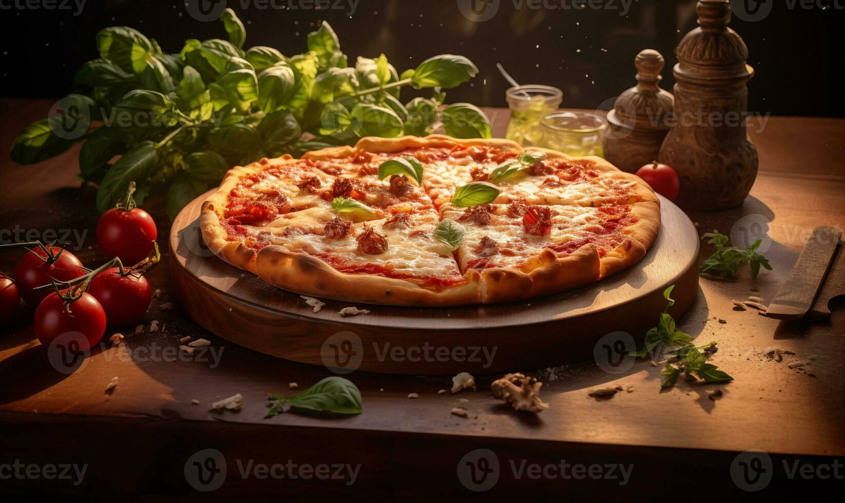 AI generated Pizza sitting on a wooden board with herbs photo