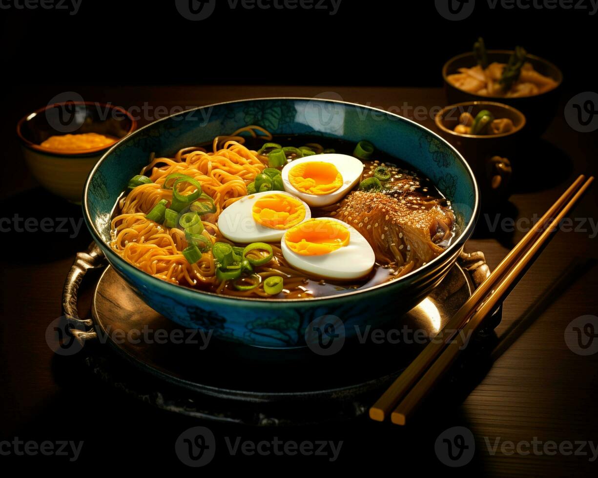 AI generated A bowl filled with noodles and eggs, in the style of Japanese-inspired imagery photo