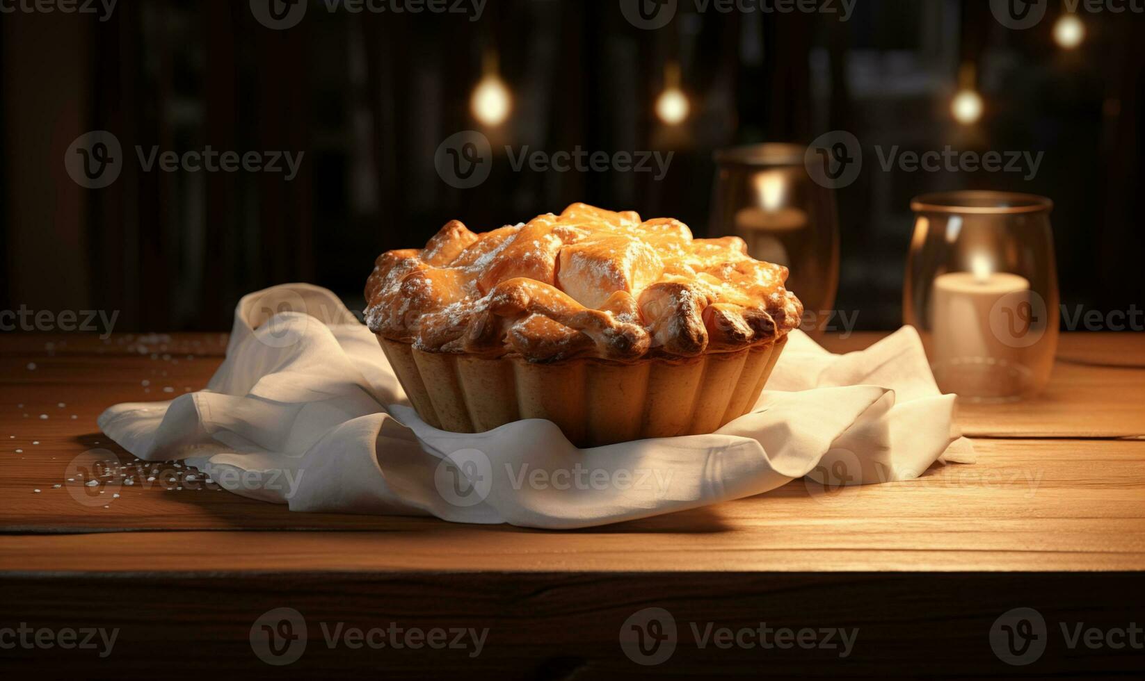 AI generated The pie stands on a table on a wooden tray photo