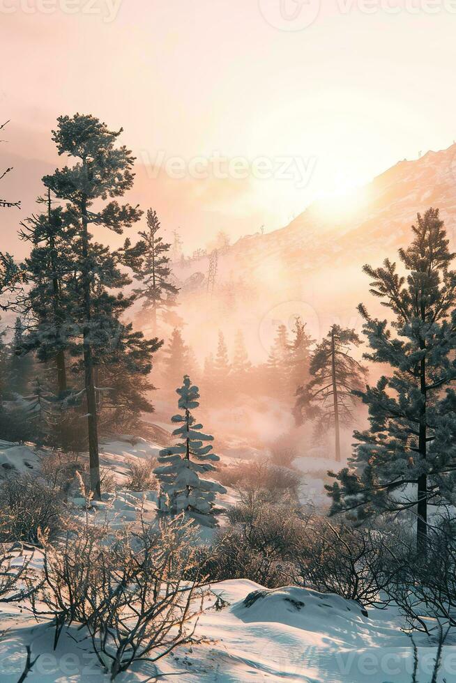 AI generated a stunning mountainous landscape bathed in the warm glow of sunrise. Tall pine trees, partially covered in snow, stand prominently against the backdrop of misty mountains. photo