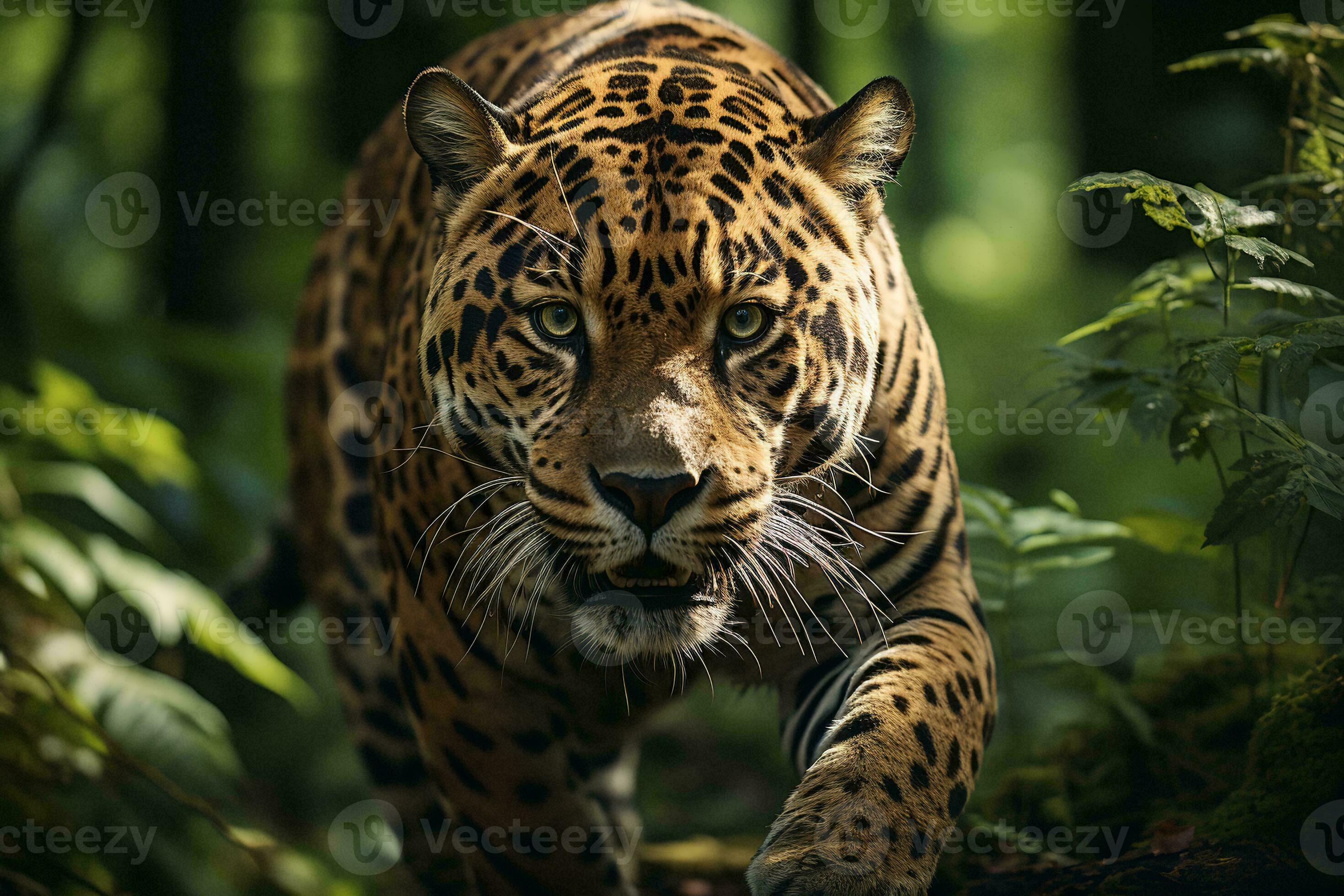 AI generated A majestic jaguar prowls through a lush forest, its 