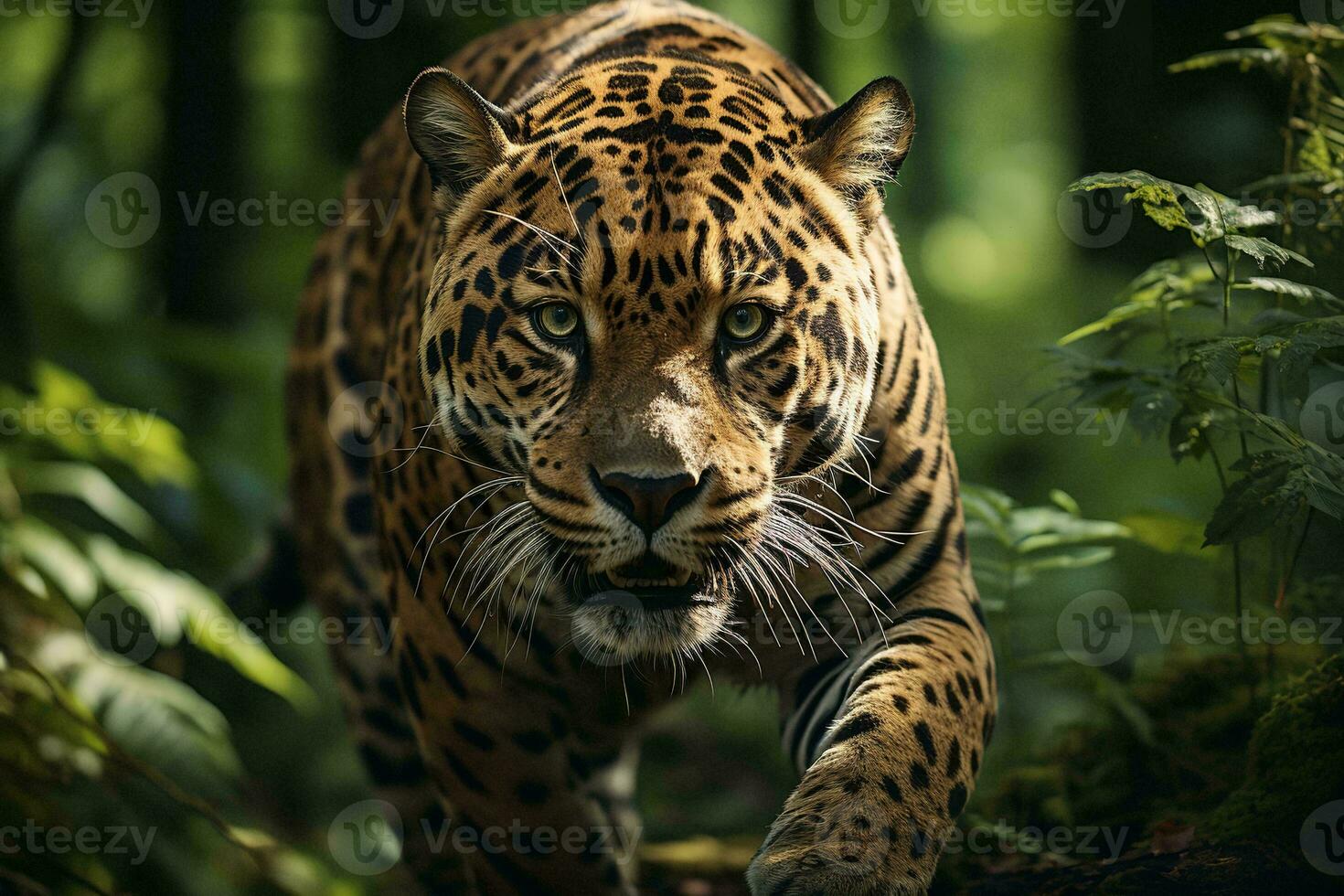 AI generated A majestic jaguar prowls through a lush forest, its intense gaze capturing the essence of wild beauty amidst nature. photo