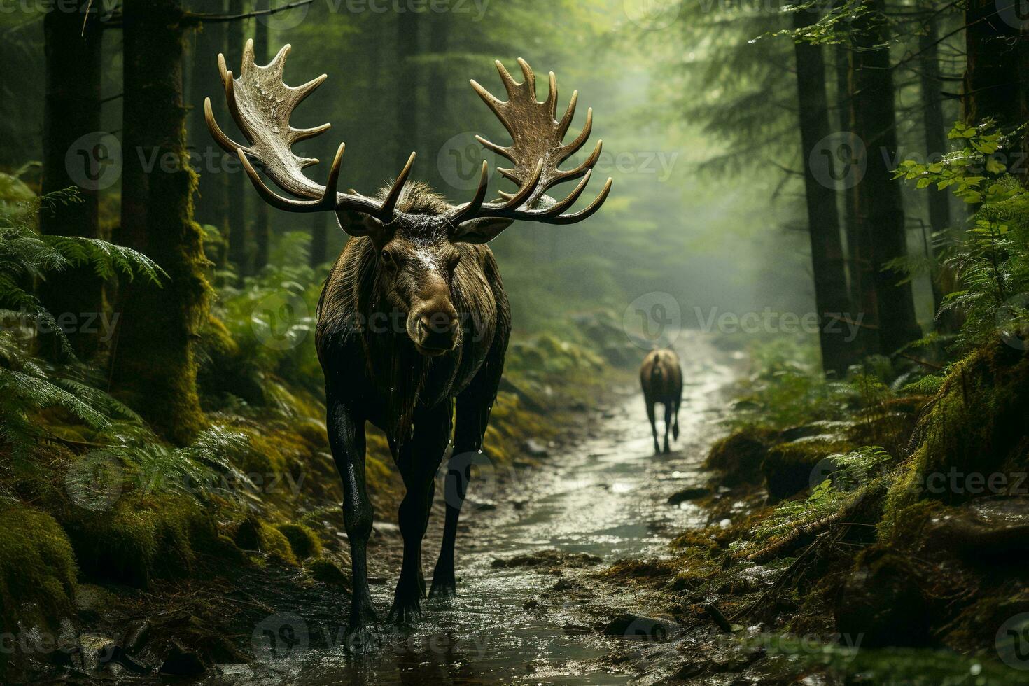 AI generated a majestic moose with grand antlers standing in the middle of a misty forest path. The forest is dense with tall trees whose trunks are visible photo