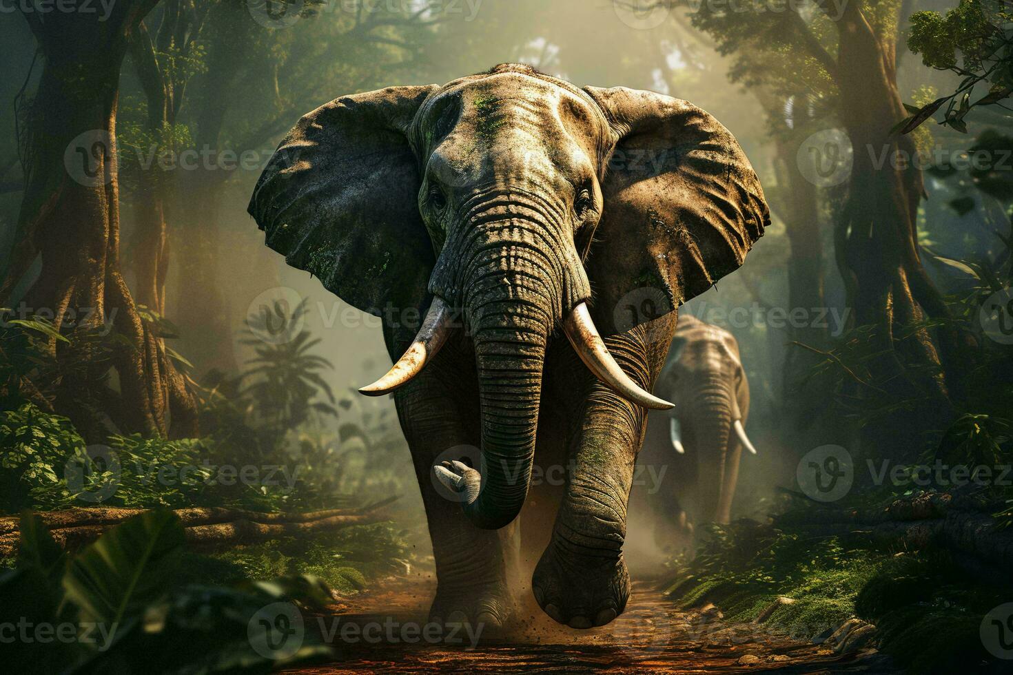 AI generated A stunning elephant amidst a dense, green forest. Mist enhances the scene mystical aura, showcasing nature serene yet wild beauty. photo