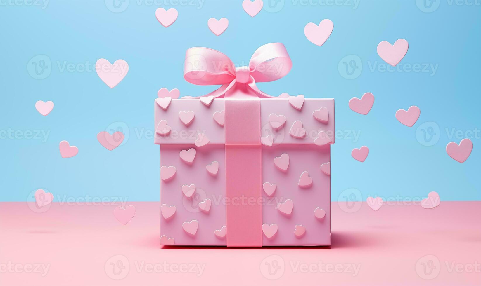 AI generated A pink gift box with pink hearts on a blue background. Valentine's Day celebration. Generated by artificial intelligence. photo