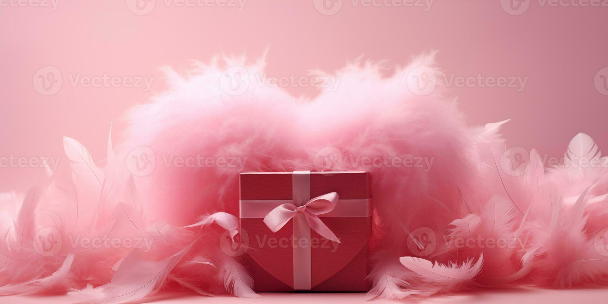 AI generated A red gift box and a feathered heart behind it on a pink background. Valentine's Day celebration. Generated by artificial intelligence. photo
