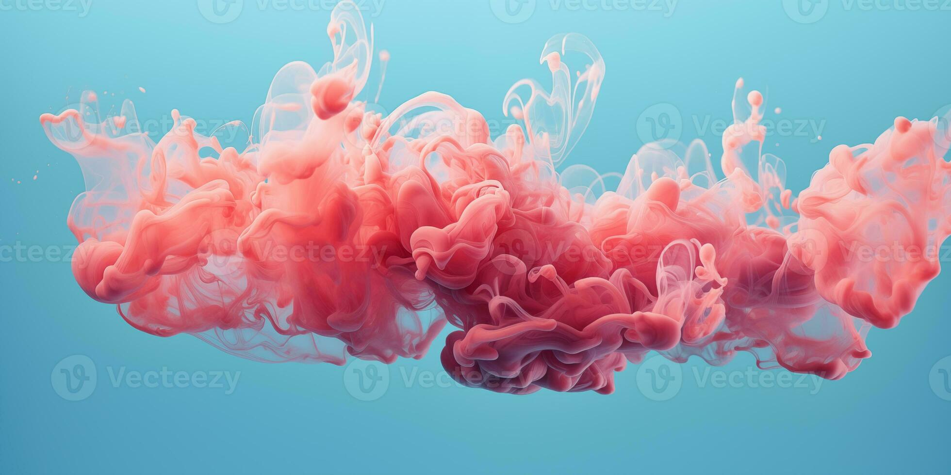 AI generated Coral fluffy pastel ink smoke on a blue background. Generated by artificial intelligence. photo