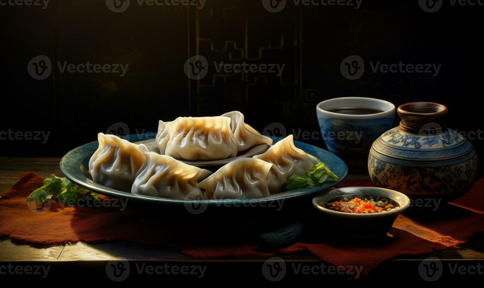 AI generated Dim sum on the table with other dishes photo