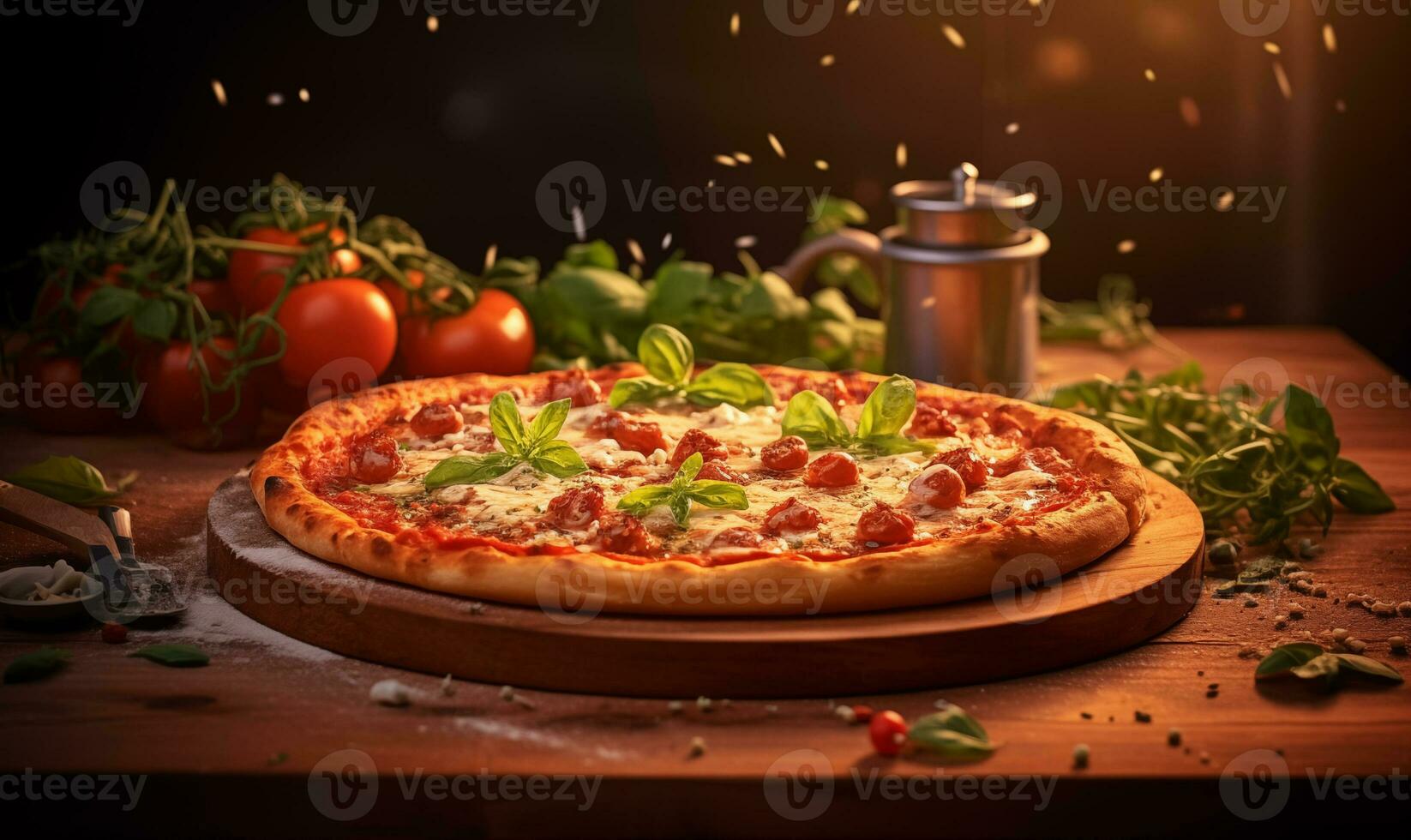 AI generated A cheese pizza is being prepared in front of some ingredients and ingredients photo