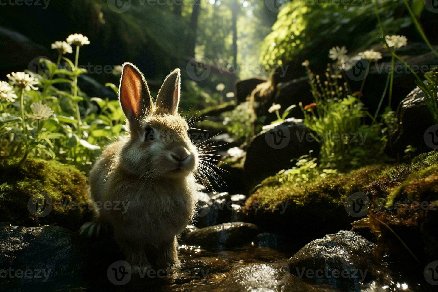 AI generated a wild rabbit captured amidst lush greenery, bathed in the golden rays of sunlight, showcasing nature beauty. The cute brown rabbit with large ears photo