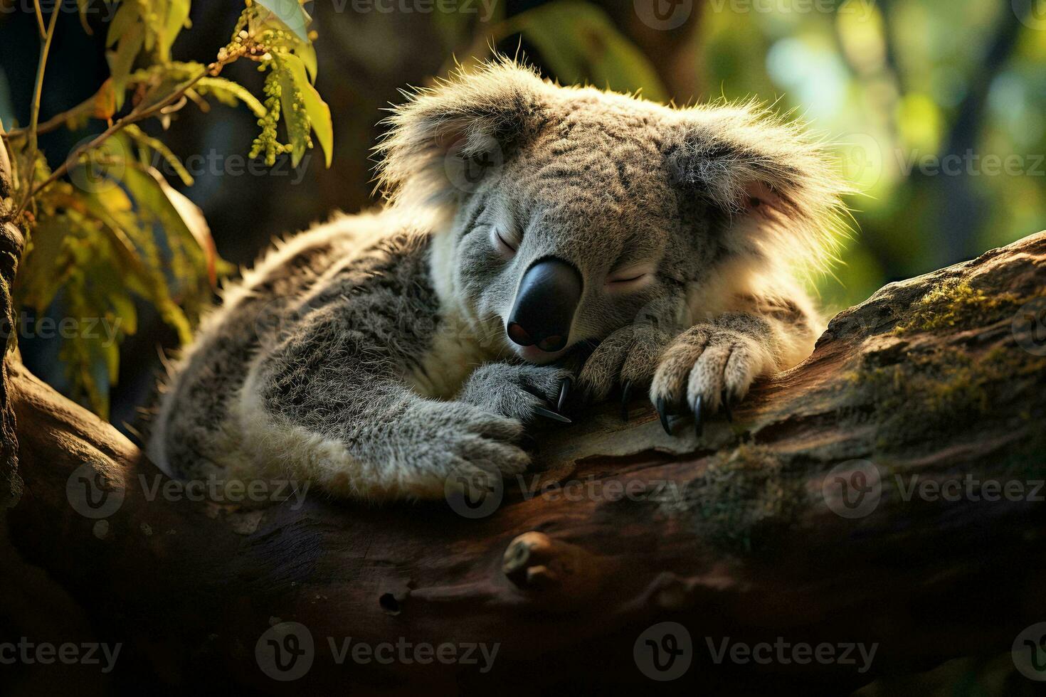 AI generated a sleeping koala nestled on a tree branch, surrounded by lush greenery. The lighting is soft and diffused, illuminating the koala gently and highlighting photo