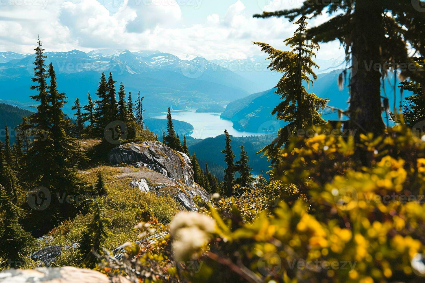 AI generated a breathtaking view of a mountain range with autumnal trees, rocky terrains, and misty valleys showcasing nature beauty. photo