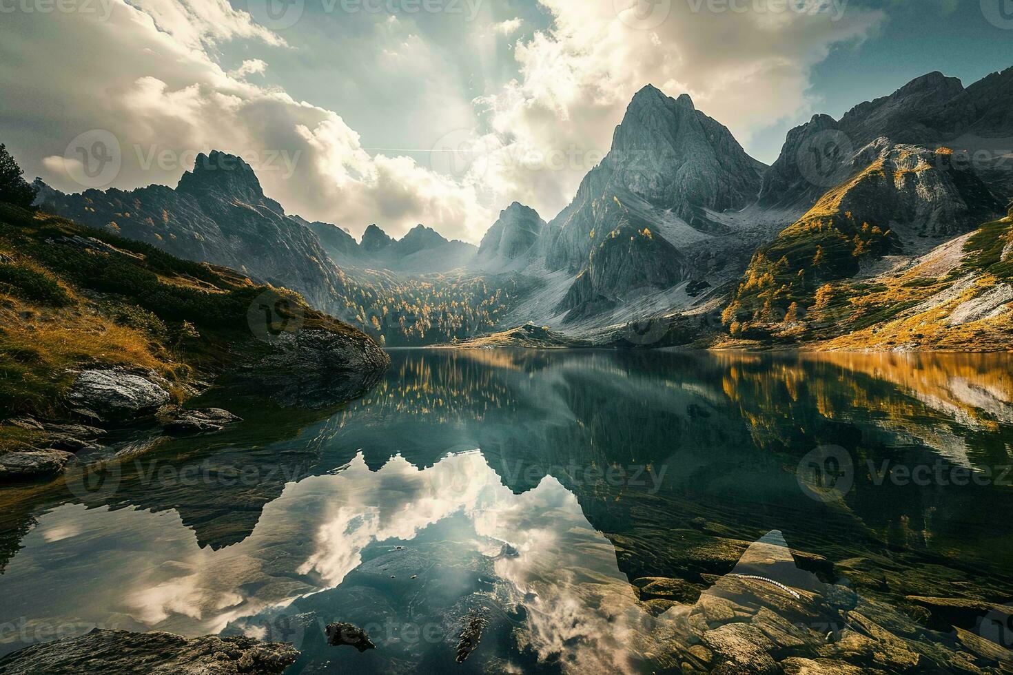 AI generated A breathtaking landscape featuring towering mountains, a tranquil lake with reflections of the sky and peaks. photo