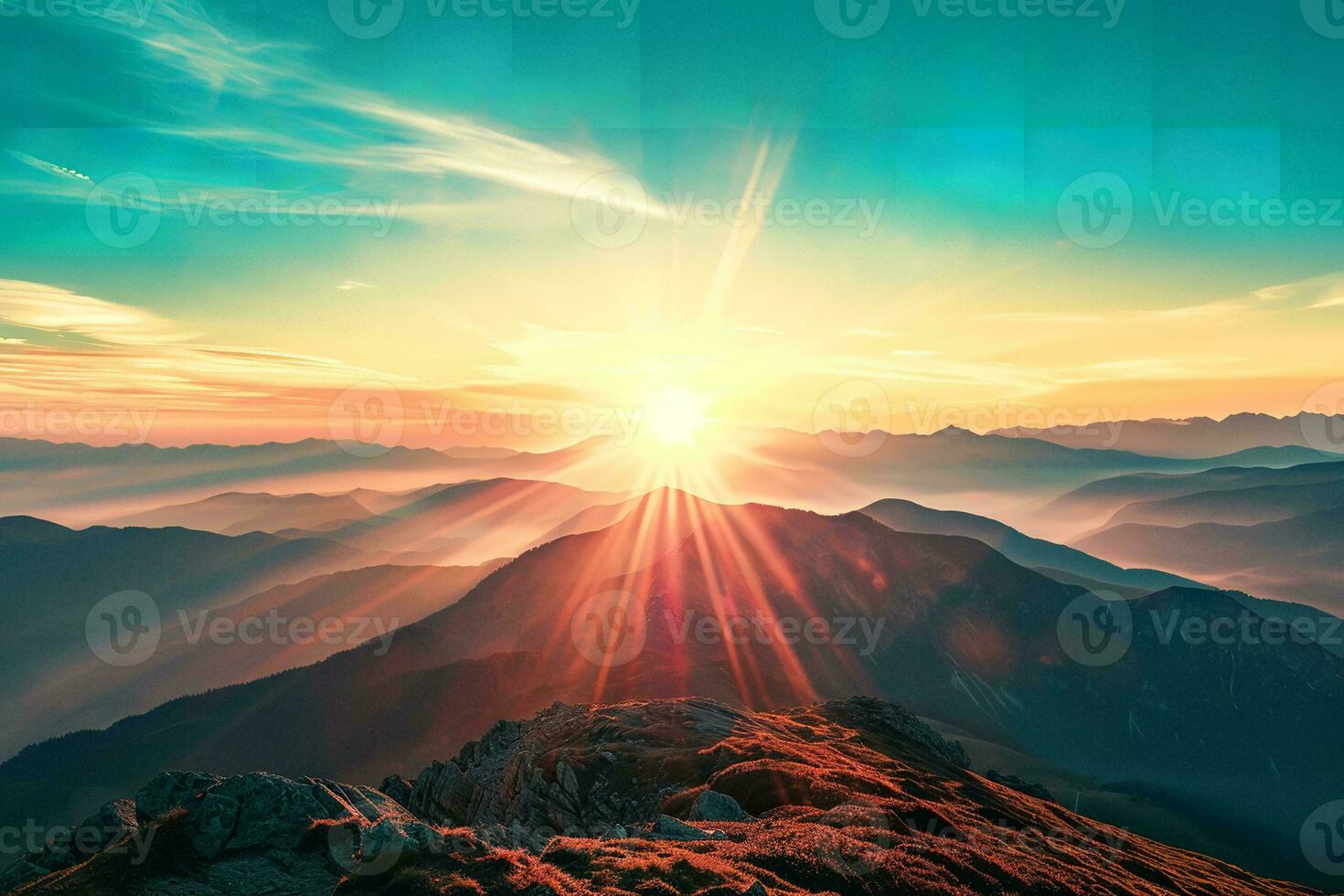 AI generated A breathtaking sunrise atop a mountain range, casting golden light on the rocky landscape with a colorful sky backdrop photo