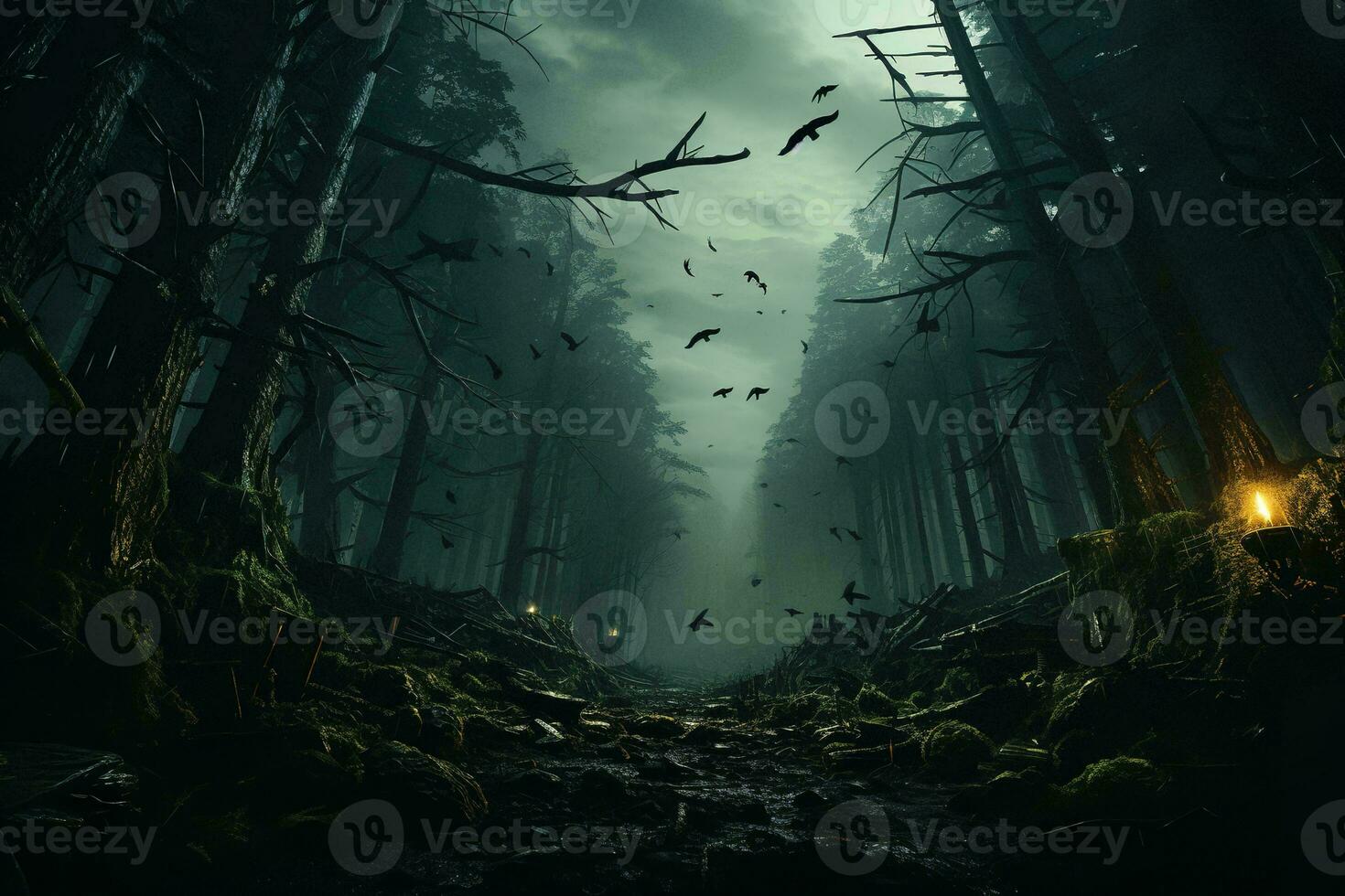 AI generated Dark woods enveloped in mist, silhouettes of tall trees, crows soaring amidst the fog, ground covered with moss and an enigmatic light glowing. photo