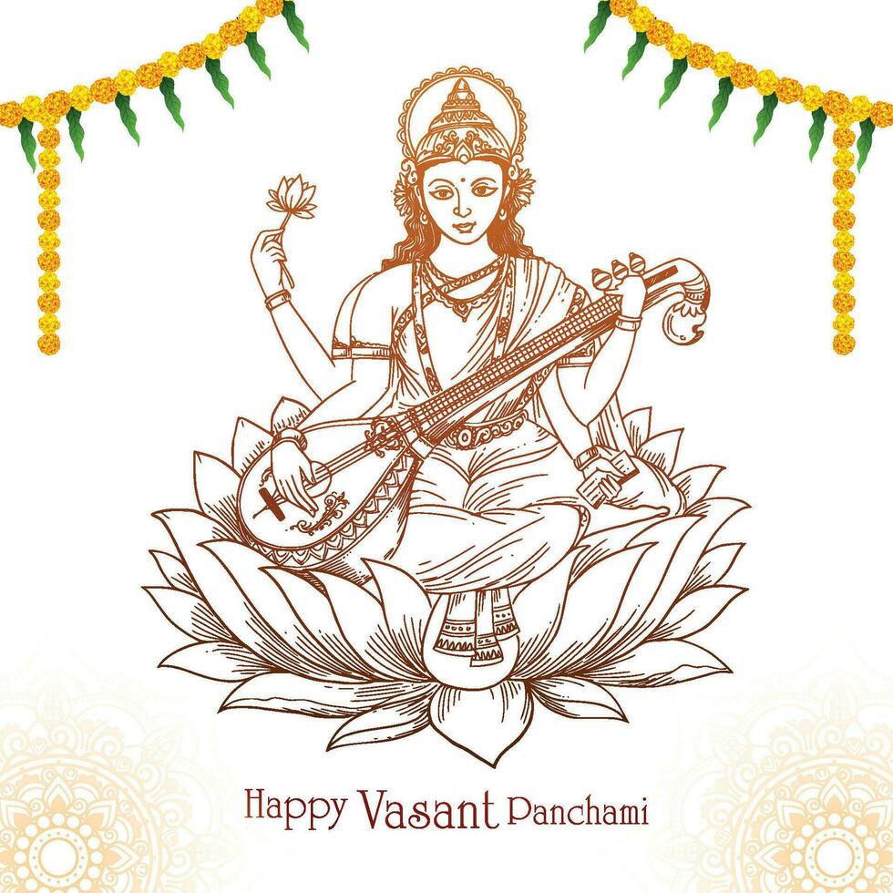 Vasant panchami on indian god saraswati maa sketch religious card design vector