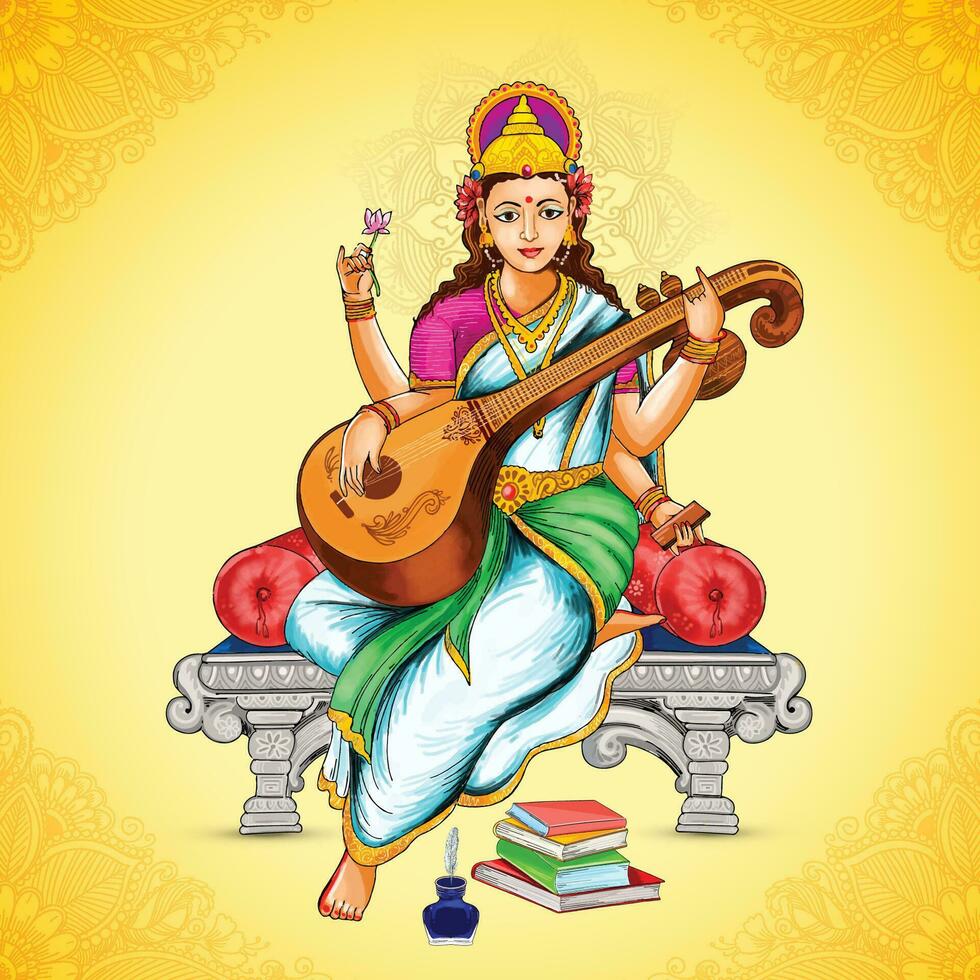 Illustration of goddess of wisdom saraswati indian festival celebration background vector