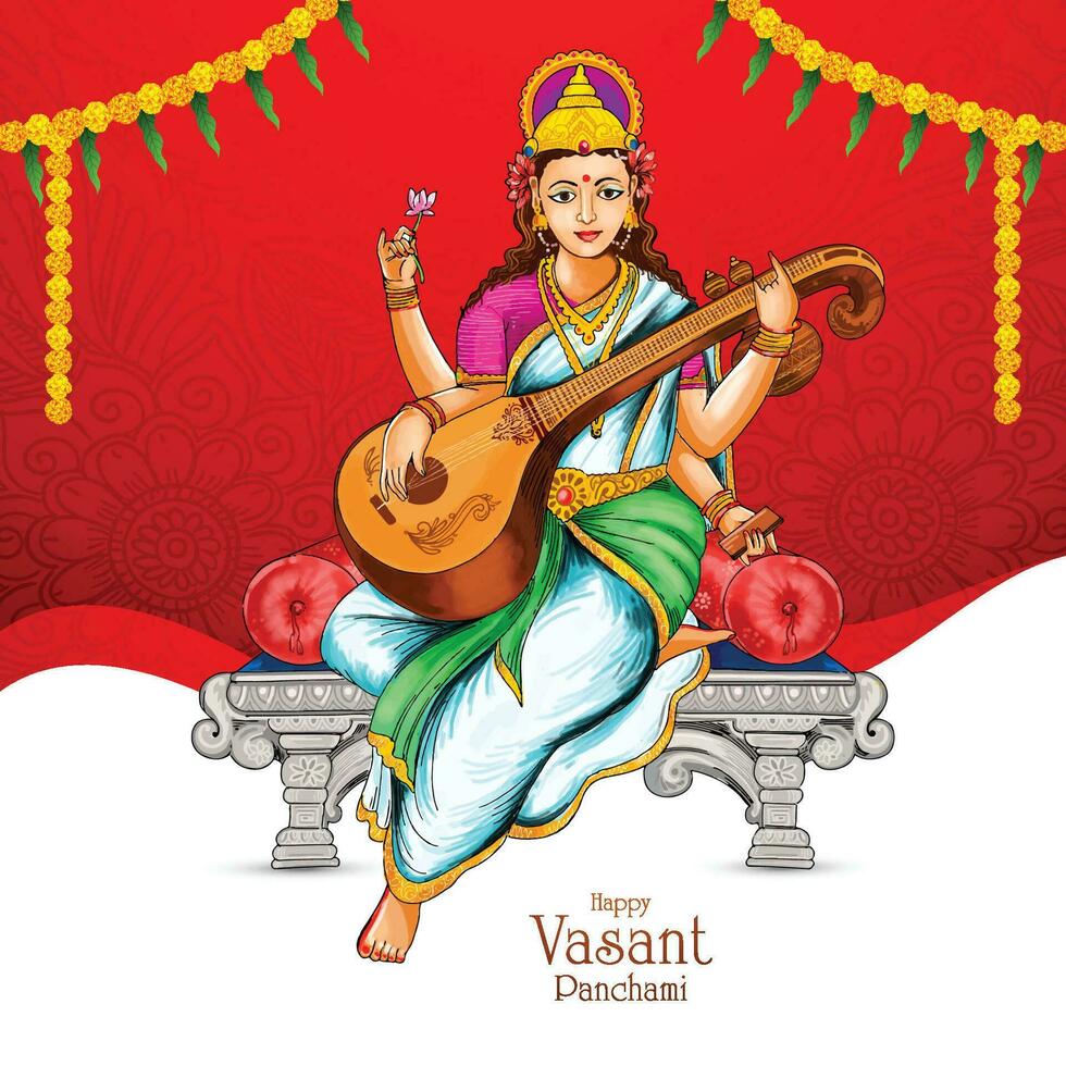 Illustration of goddess of wisdom saraswati indian festival celebration background vector