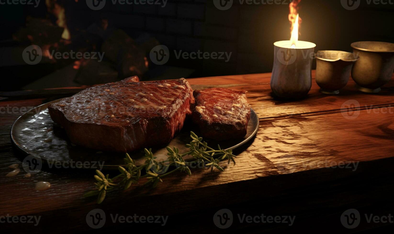AI generated A large steak with vegetables and butter on a wooden board photo