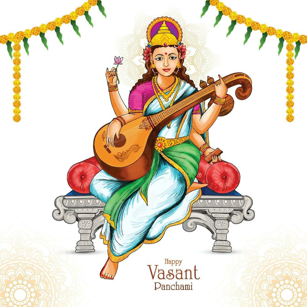 Vasant panchami on indian god saraswati maa religious card background vector
