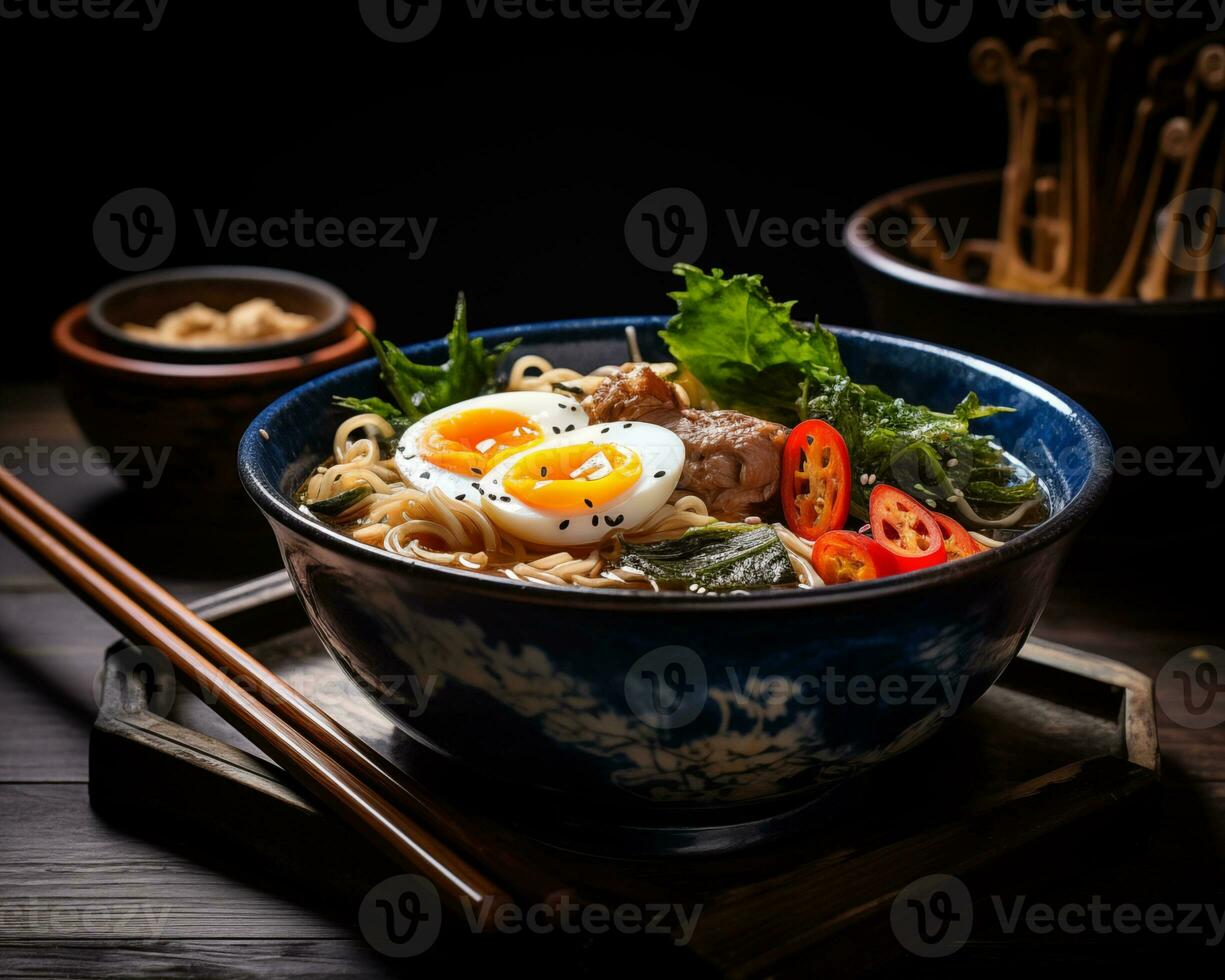 AI generated A bowl filled with noodles and eggs, in the style of Japanese-inspired imagery photo