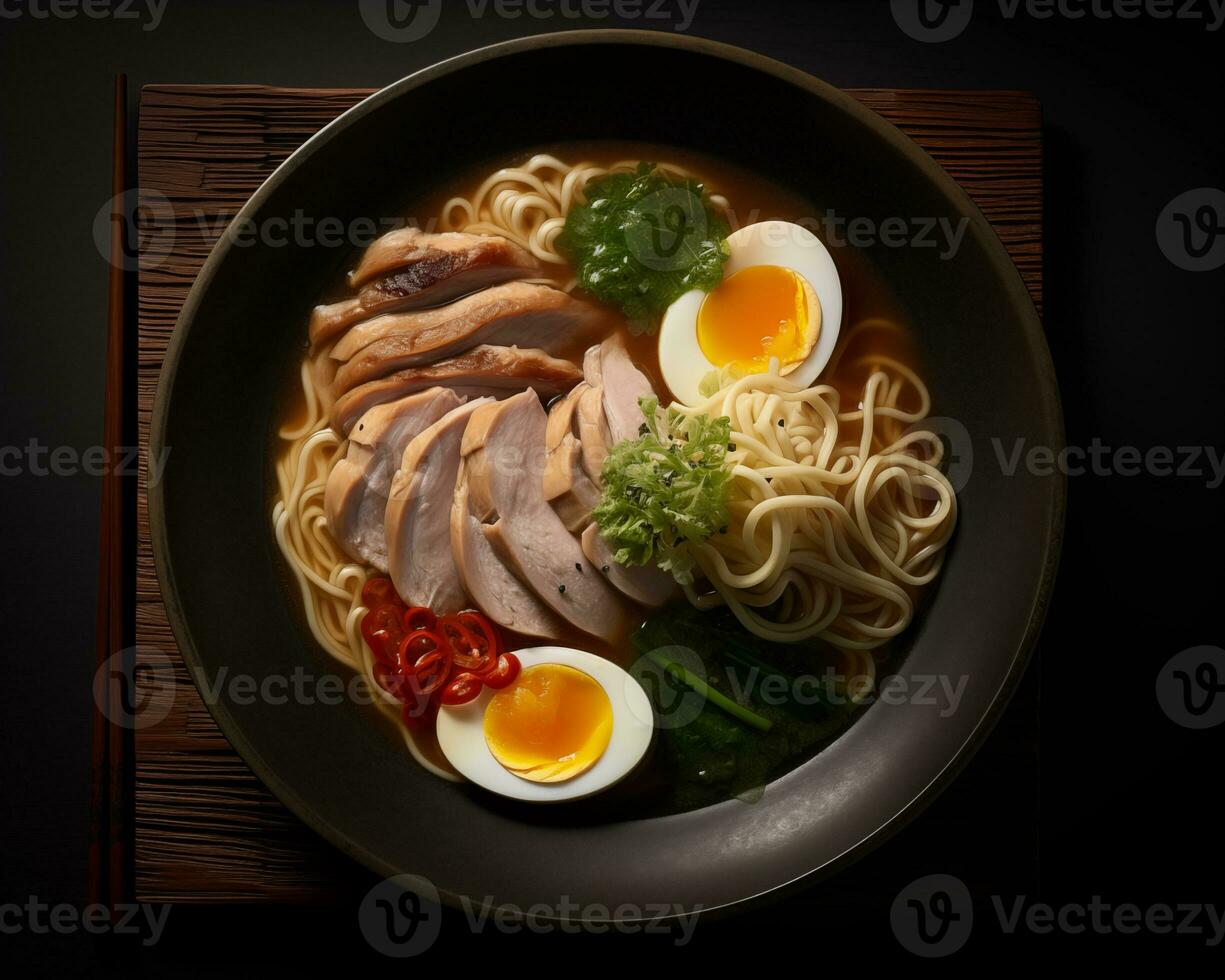 AI generated Japanese ramen with meat, eggs and green on a plate. photo