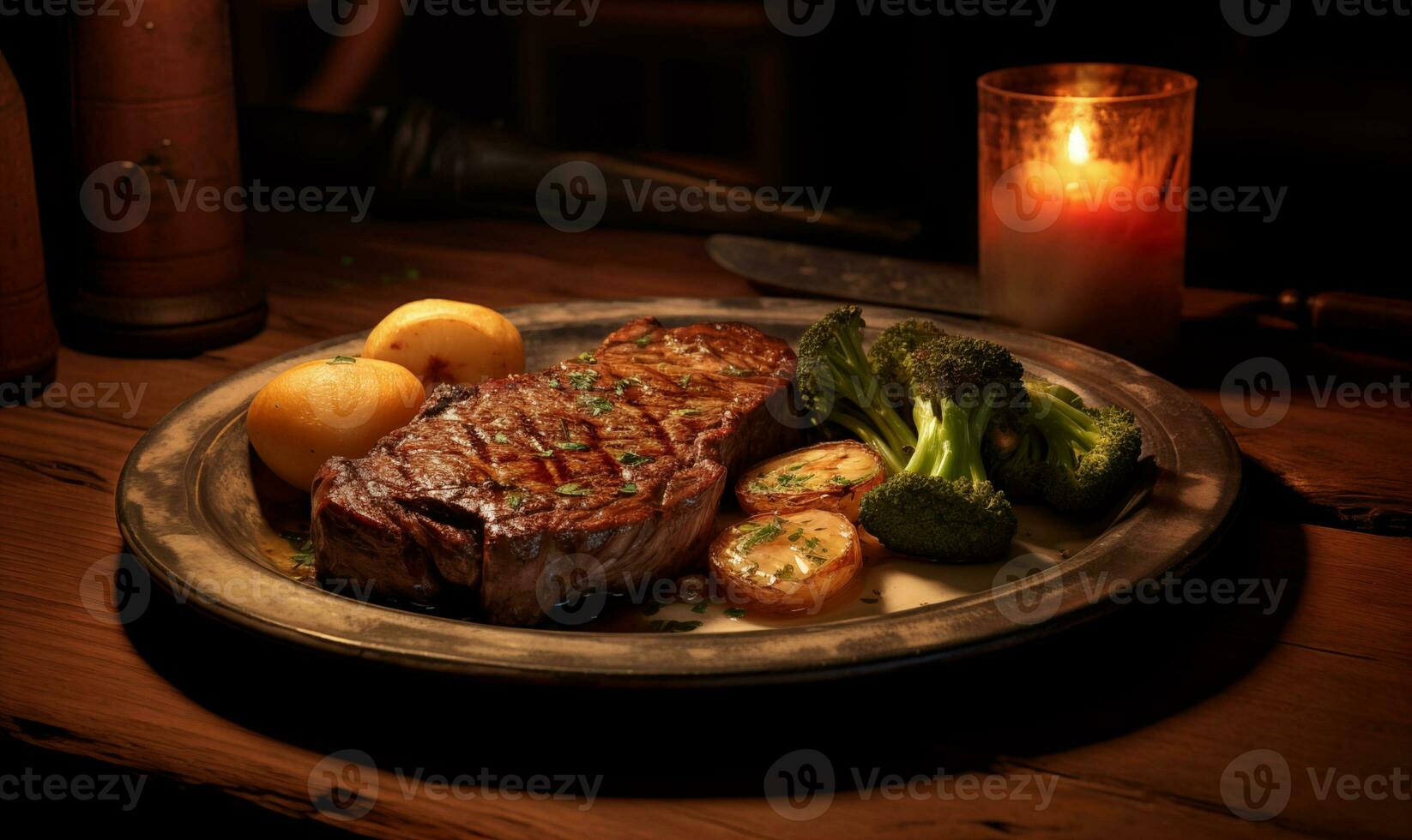 AI generated A steak sitting on top of a wooden board photo