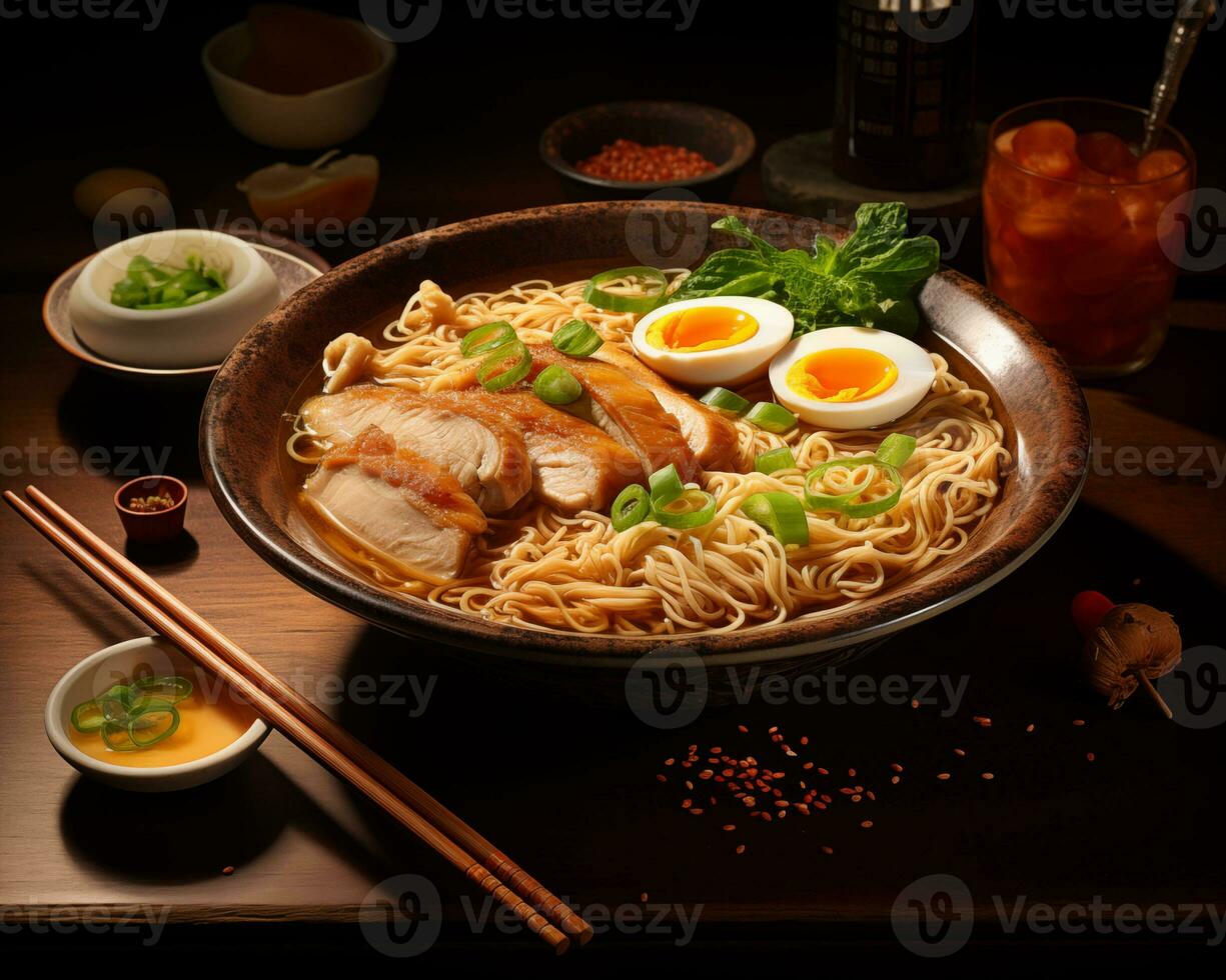 AI generated Japanese ramen with eggs and vegetables in a bowl photo