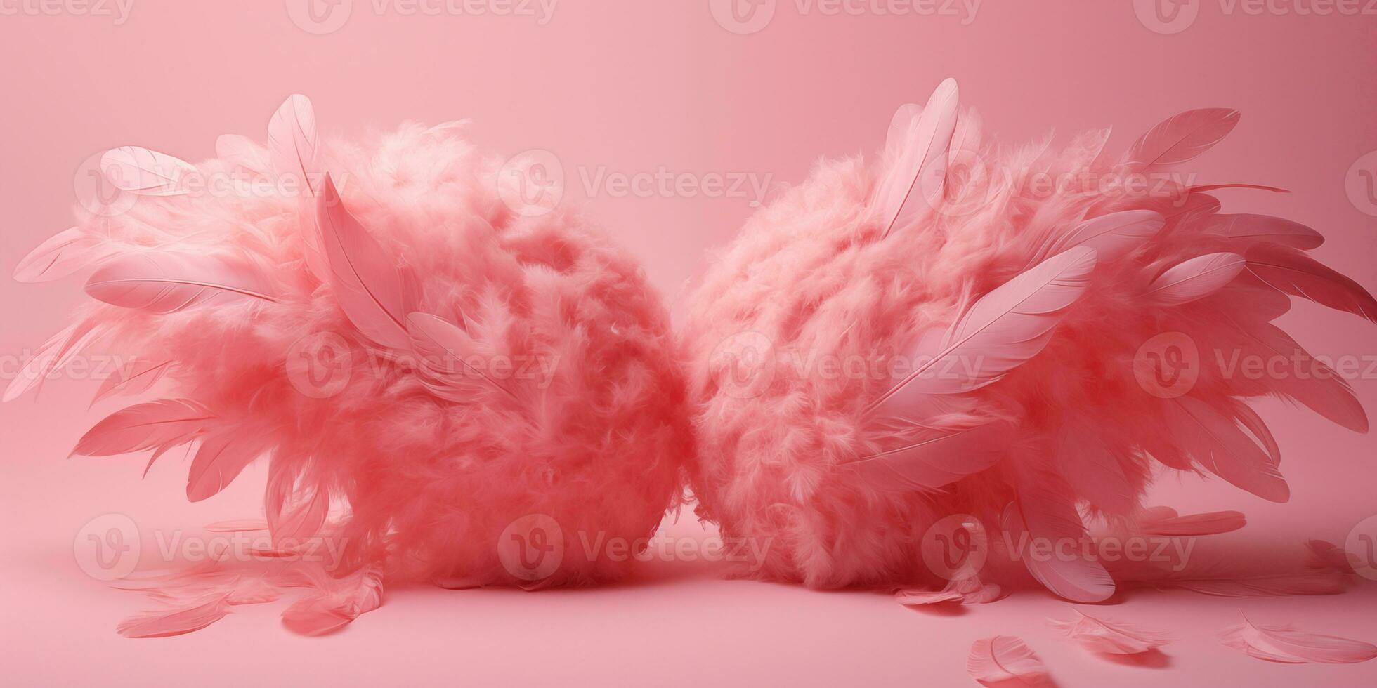 AI generated Light pink feather wings on a pink background. Celebration of Valentines Day. Cupid. Generated by artificial intelligence. photo