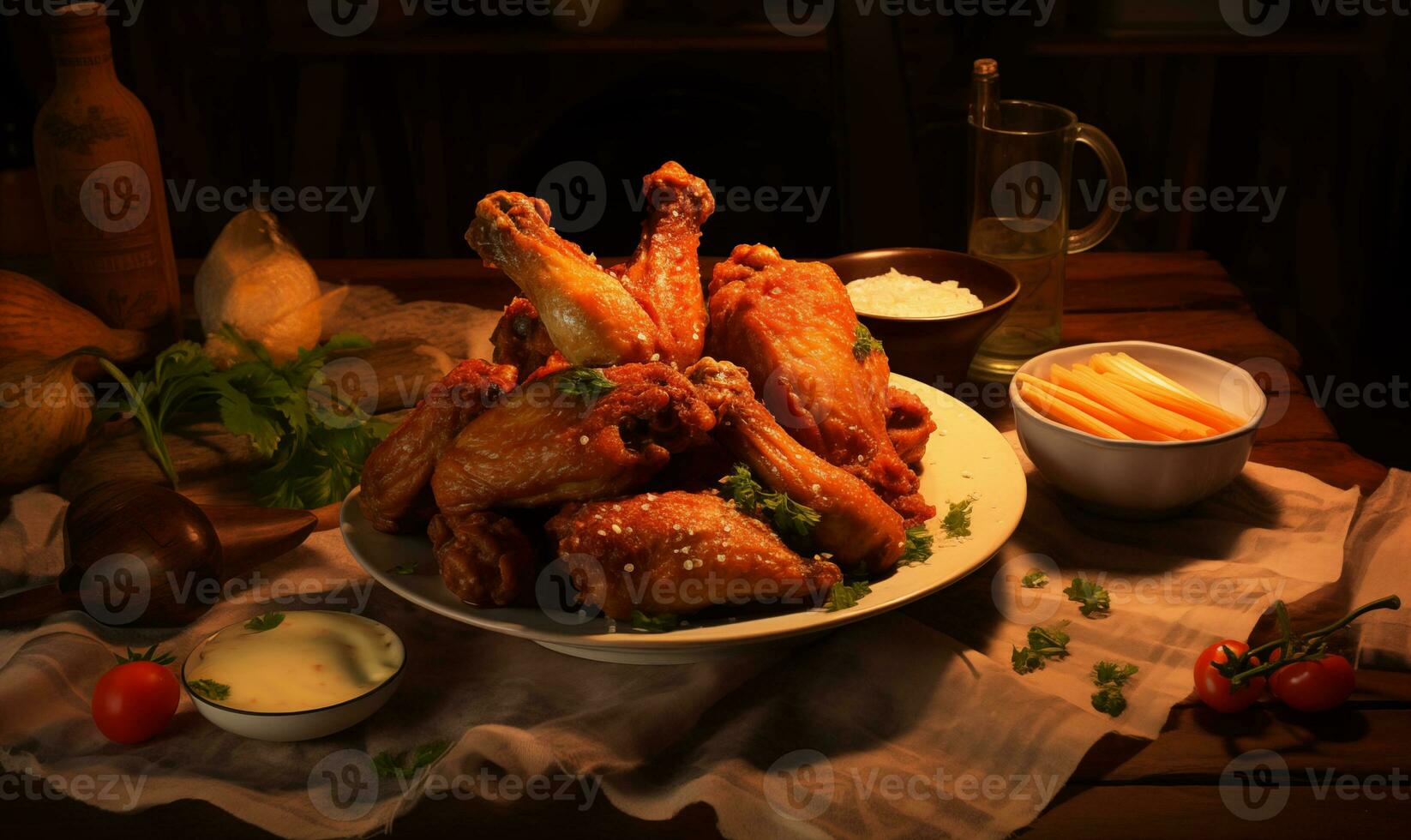 AI generated Fried chicken wings on a plate. photo