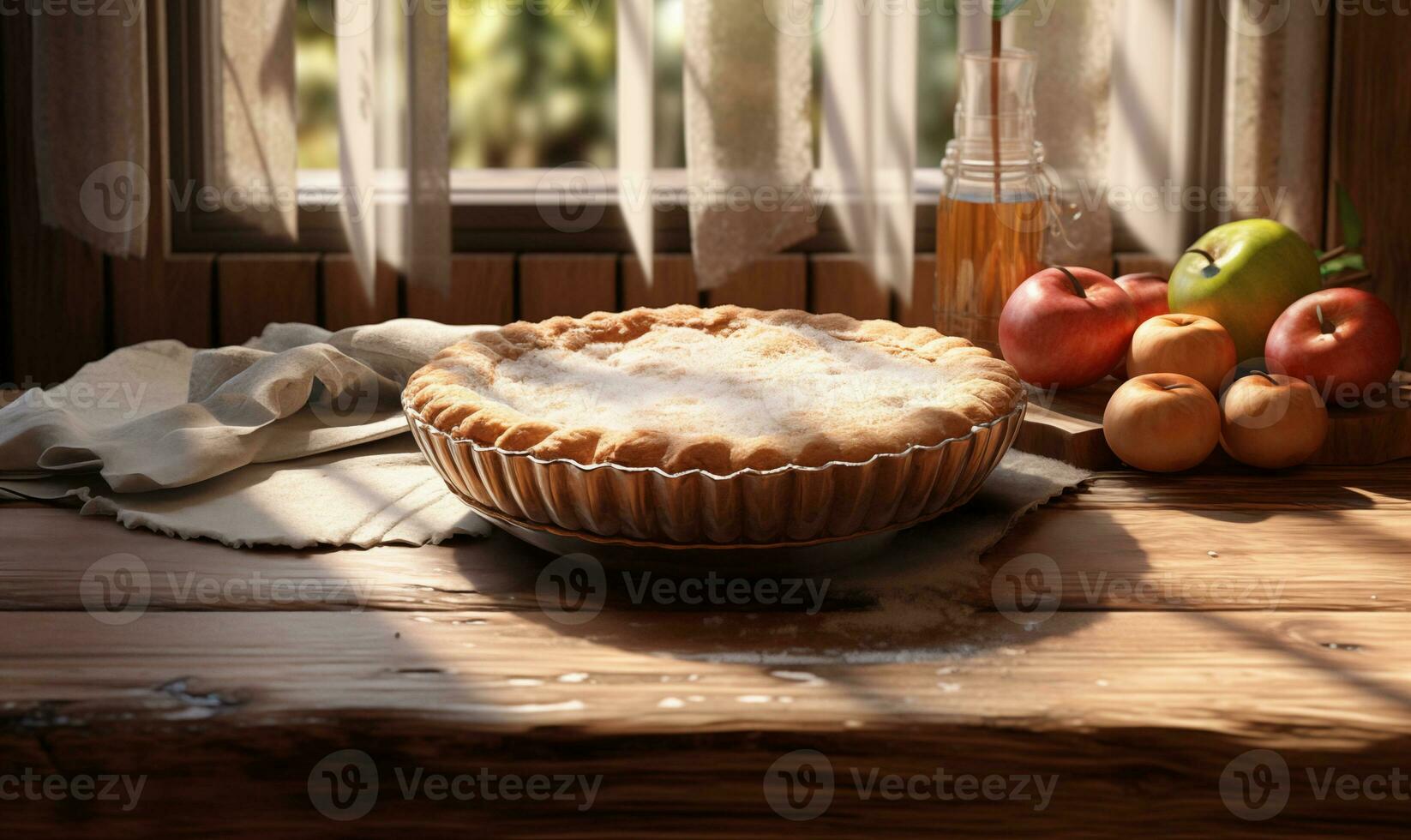 AI generated The pie stands on a table on a wooden tray photo