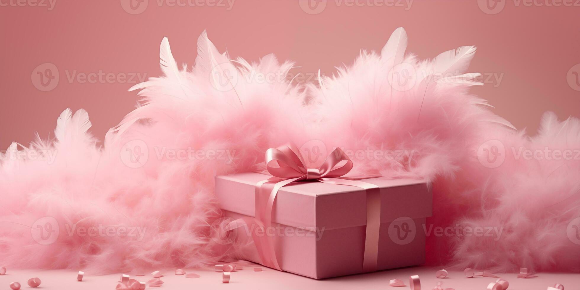 AI generated Pink gift box surrounded by feathers on a pink background. Valentine's Day celebration. Generated by artificial intelligence. photo