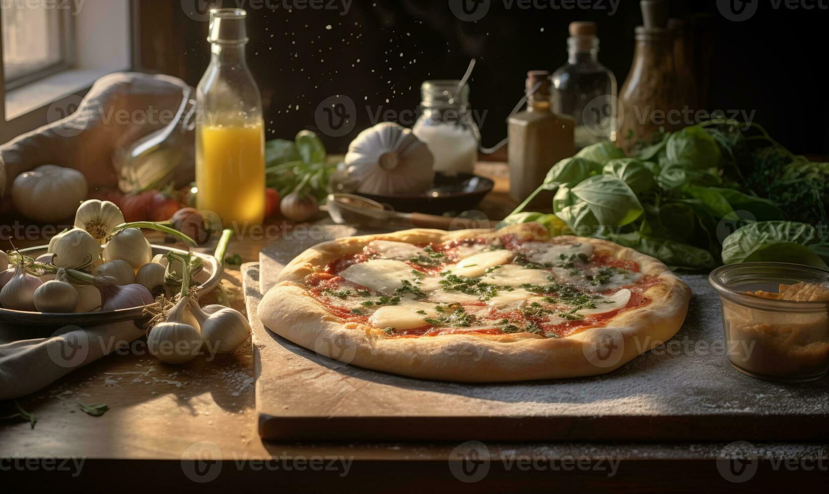 AI generated A cheese pizza is being prepared in front of some ingredients and ingredients photo