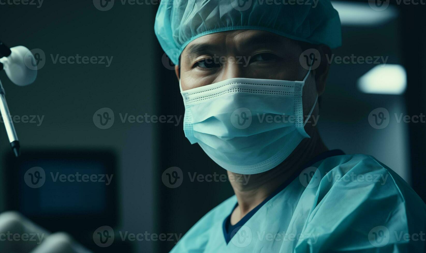AI generated Portrait of an Asian male surgeon doctor in a medical mask in the hospital. Created with generative AI. photo