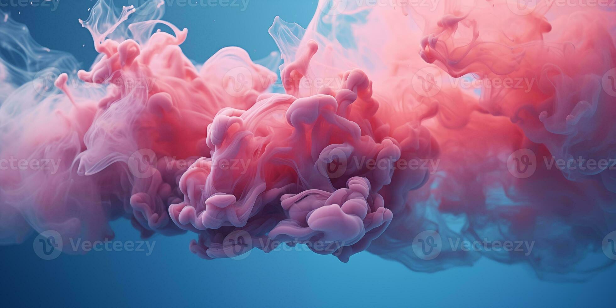 AI generated Pink-blue fluffy pastel ink smoke on a blue background. Generated by artificial intelligence. photo