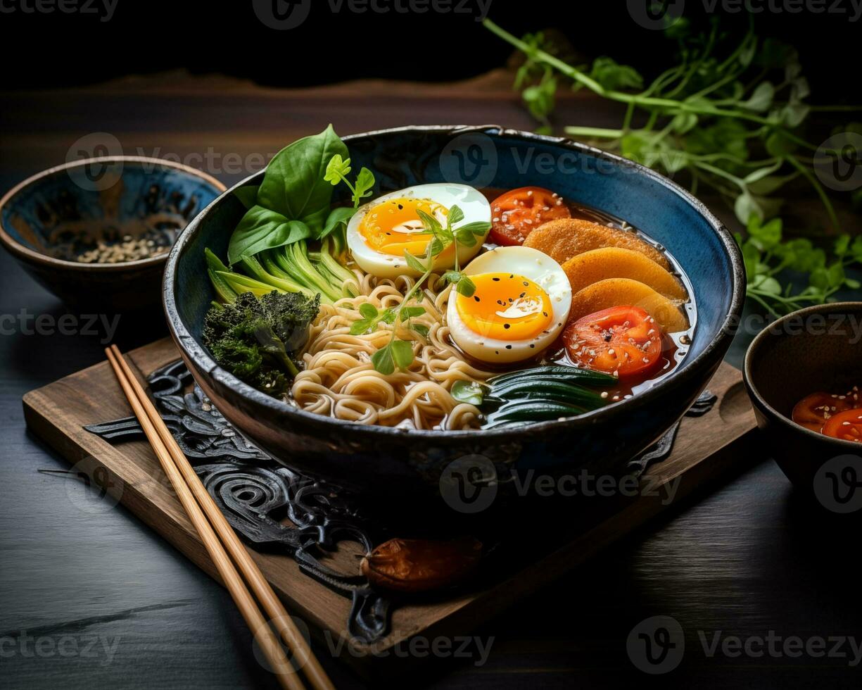 AI generated Japanese ramen with eggs and vegetables in a bowl photo
