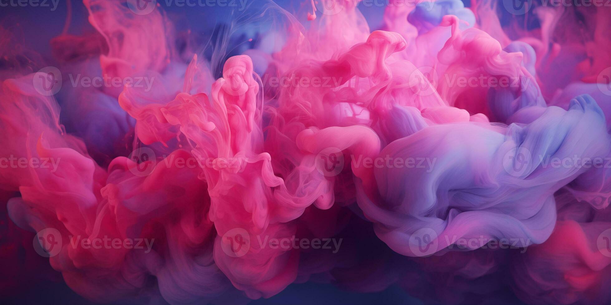 AI generated Blue-pink fluffy pastel ink smoke on a blue background. Generated by artificial intelligence. photo
