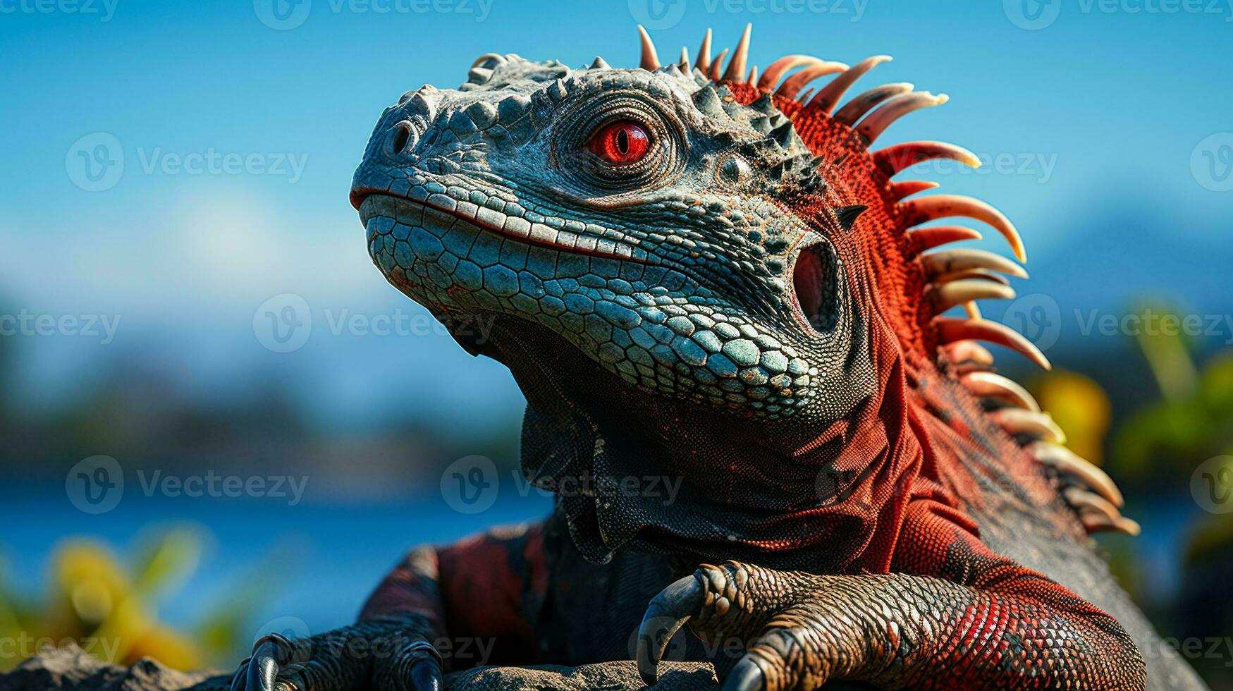 AI generated Galapagos marine iguana basking in the sun, observing fauna in its natural environment, background for travel advertising photo