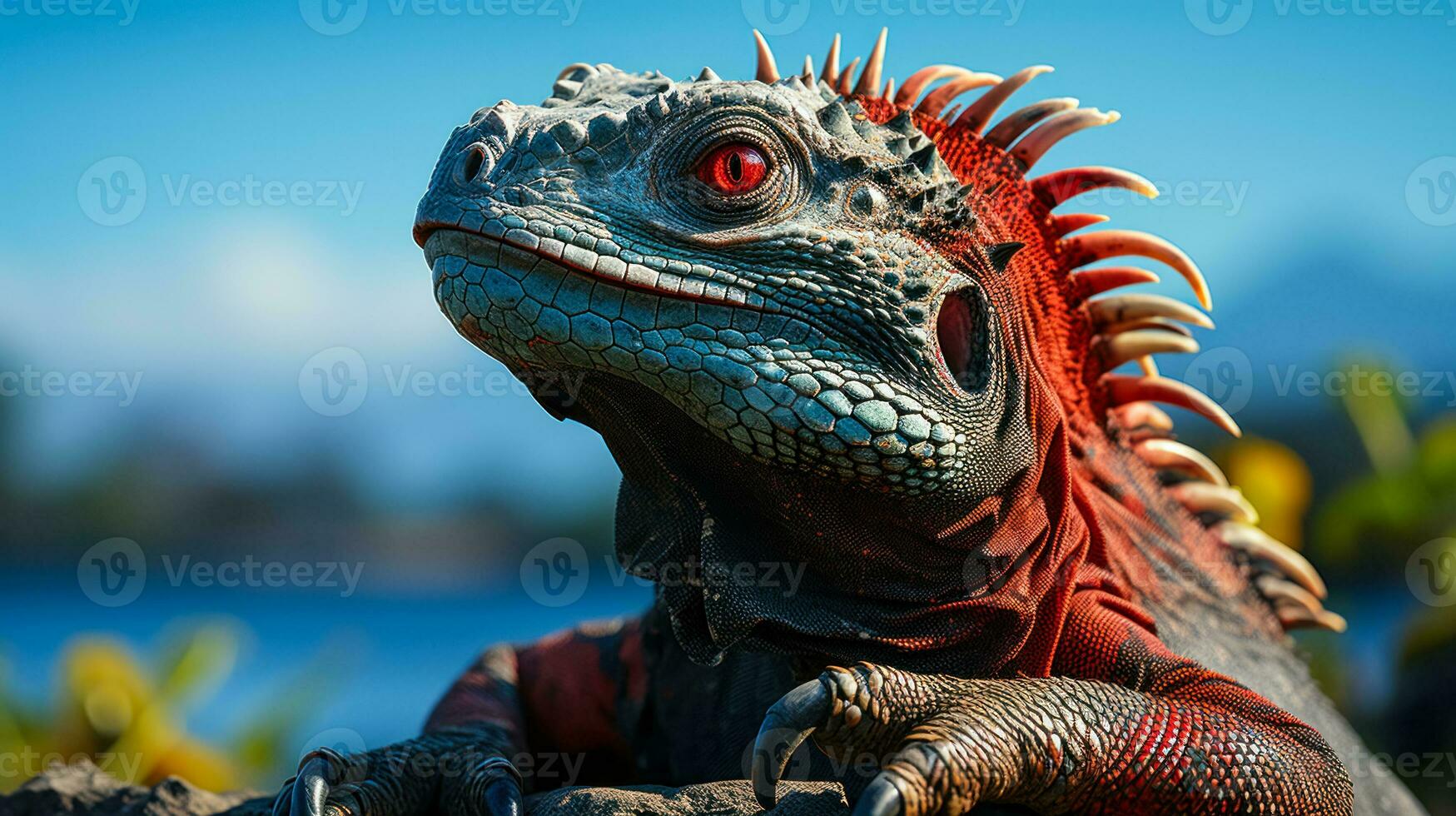 ai generado galápagos marina iguana tomando el sol en el sol, observando fauna en sus natural ambiente, antecedentes para viaje publicidad foto