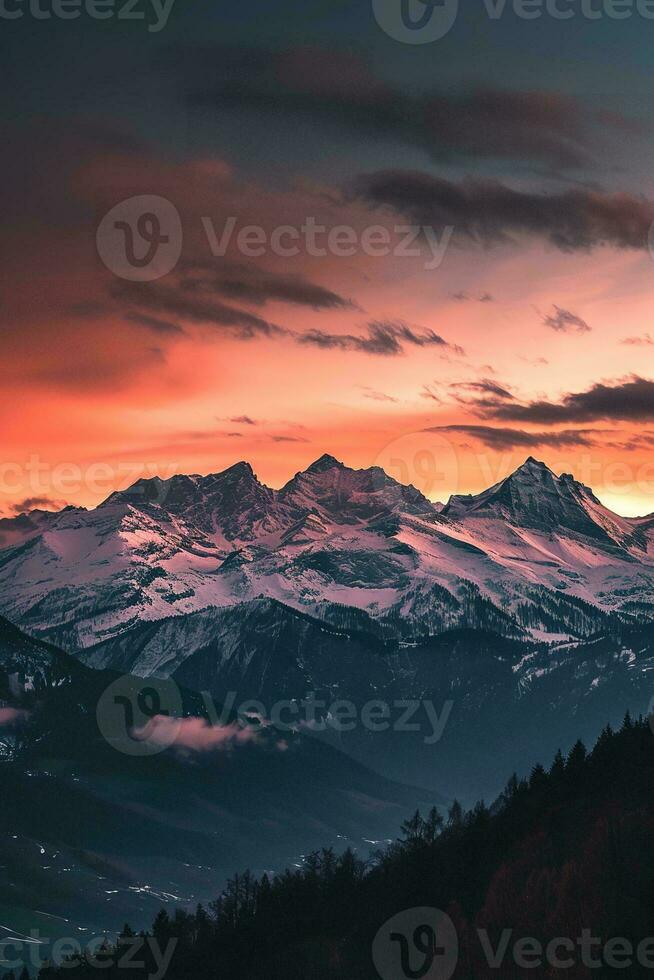 AI generated a stunning and serene scene of snow-capped mountains during sunset. The sky is painted with warm hues of orange, pink, and purple, creating a dramatic backdrop. photo