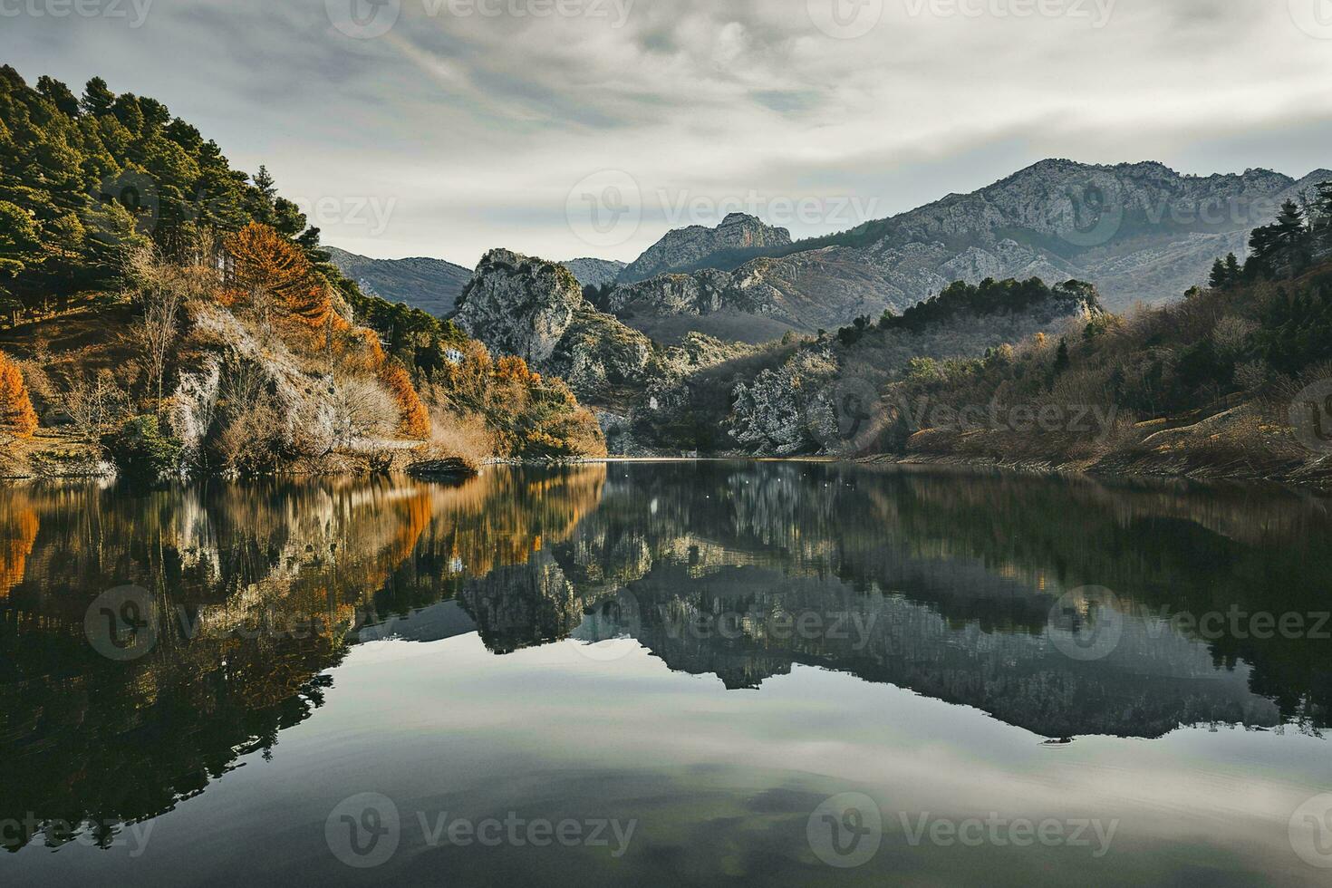 AI generated a serene and picturesque landscape of a calm lake surrounded by mountains. The mountains are rugged and partially covered with greenery photo