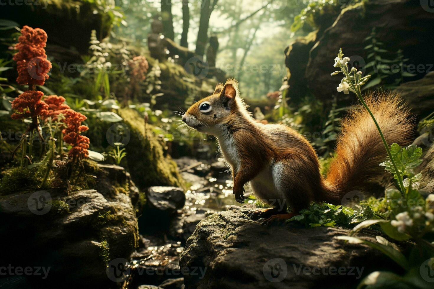AI generated a vibrant photograph of a squirrel beside a stream, surrounded by lush greenery and blooming flowers, illuminated by the gentle rays of the sun. photo