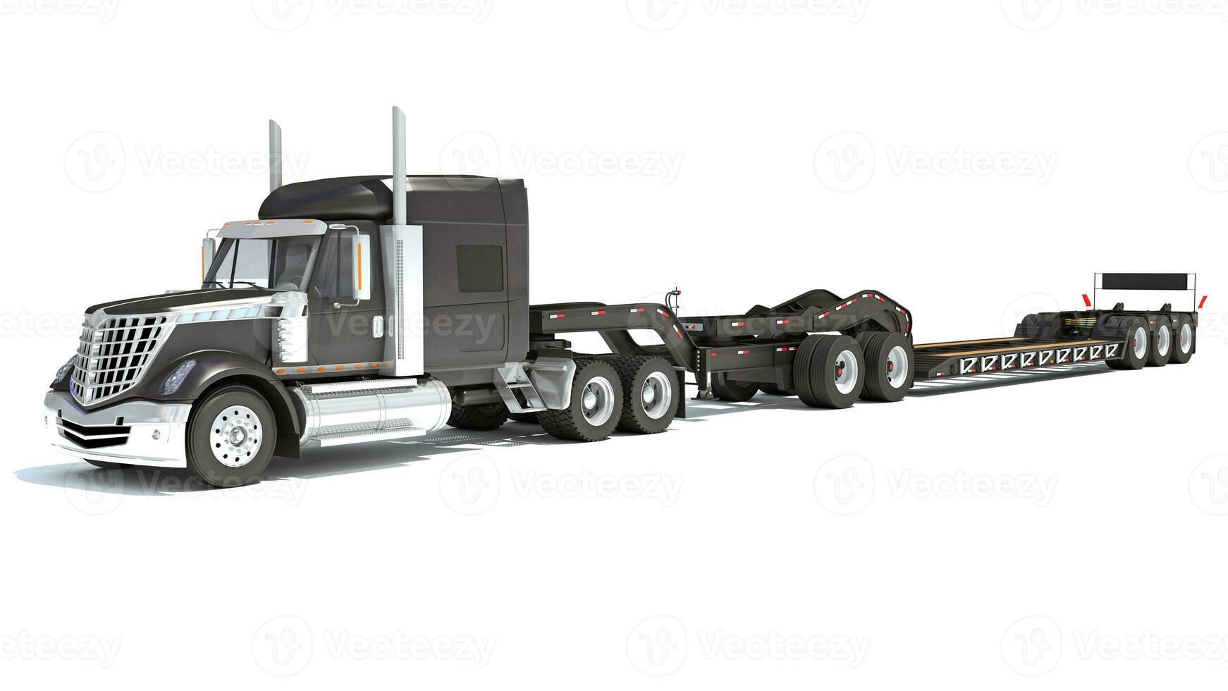 Semi Truck with Lowboy Platform Trailer 3D rendering on white background photo