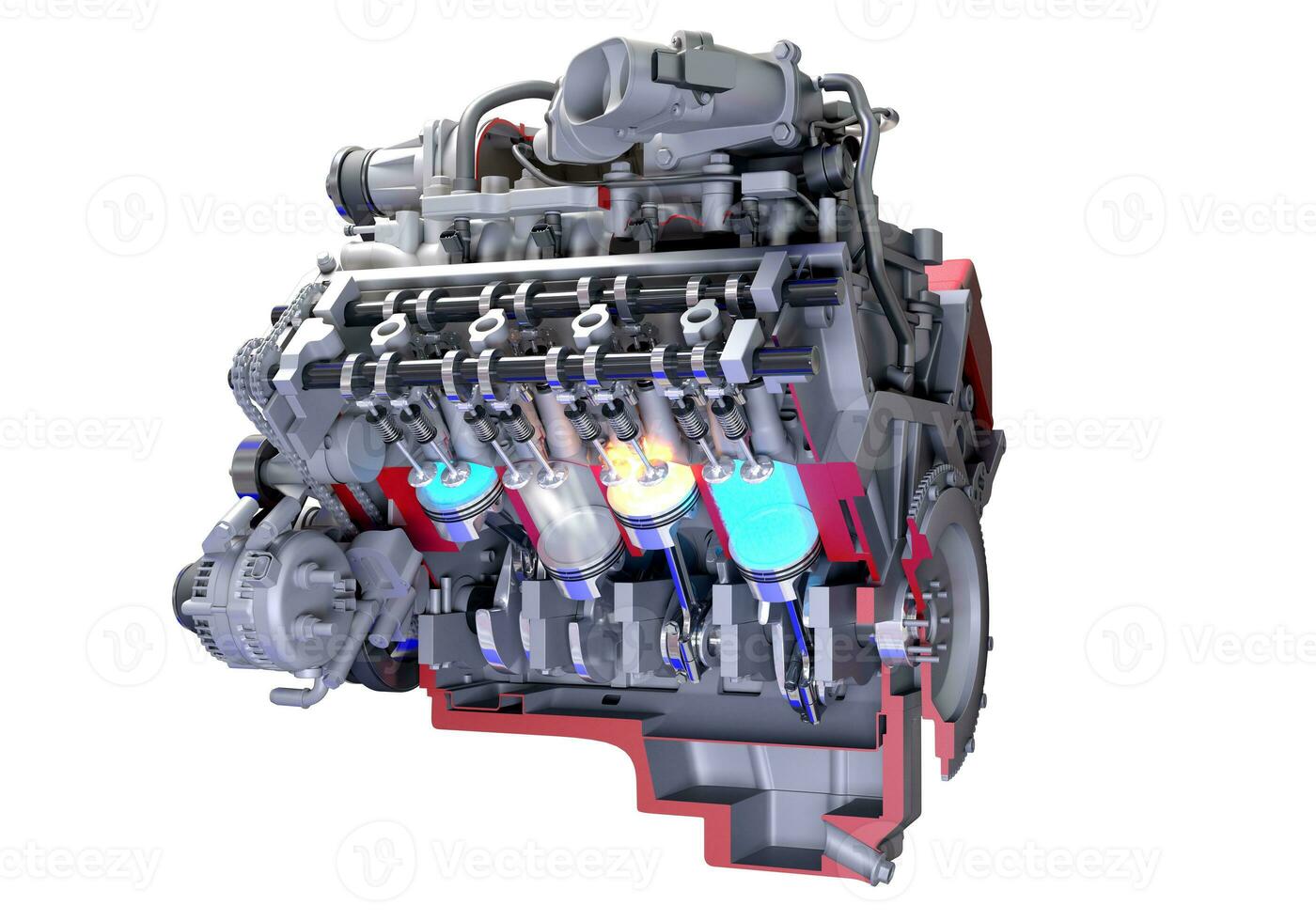 Cutaway V8 Car Engine with sectioned Ignition 3D rendering on white background photo