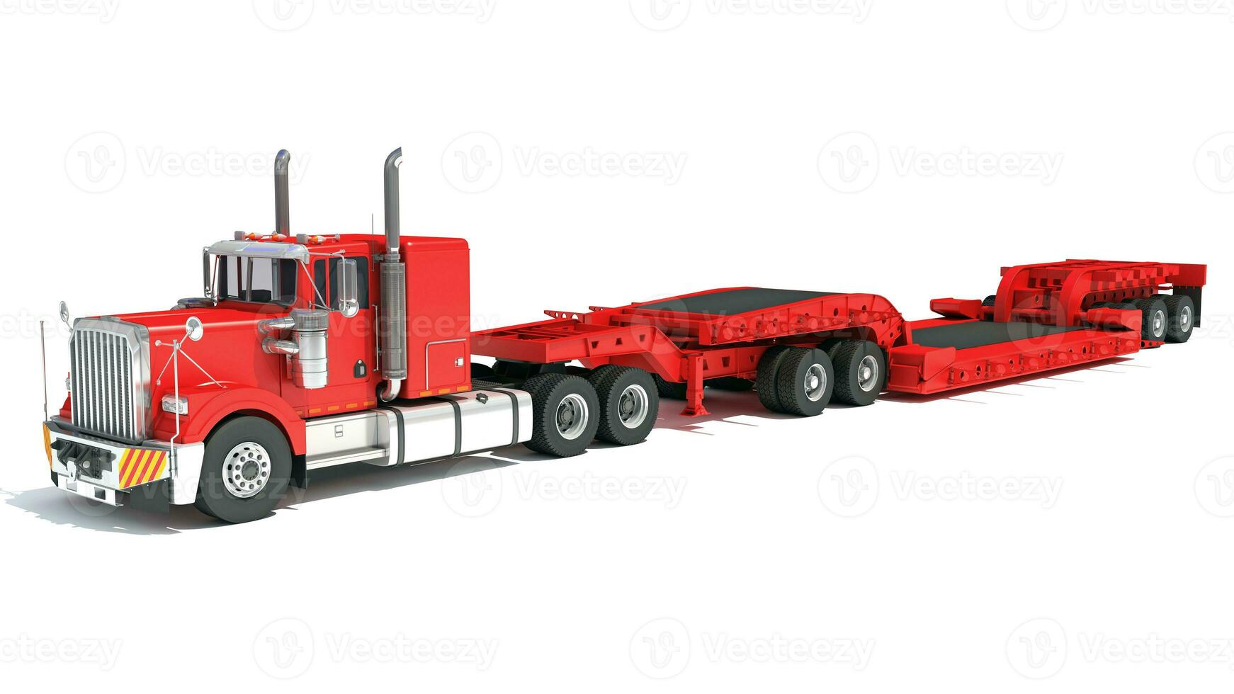 Red Heavy Truck with Lowboy Trailer 3D rendering on white background photo