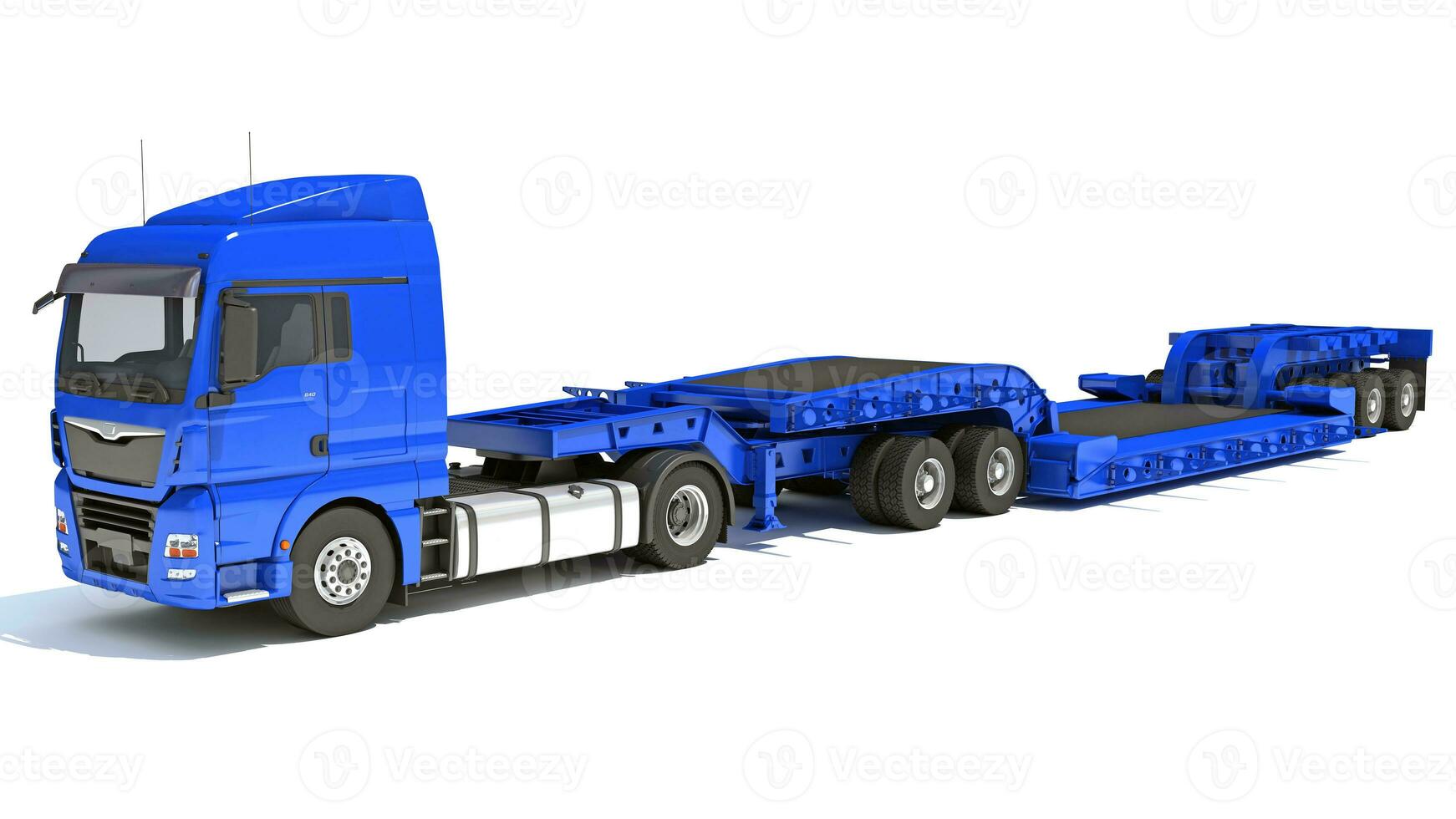 Semi Truck with Lowboy Platform Trailer 3D rendering on white background photo