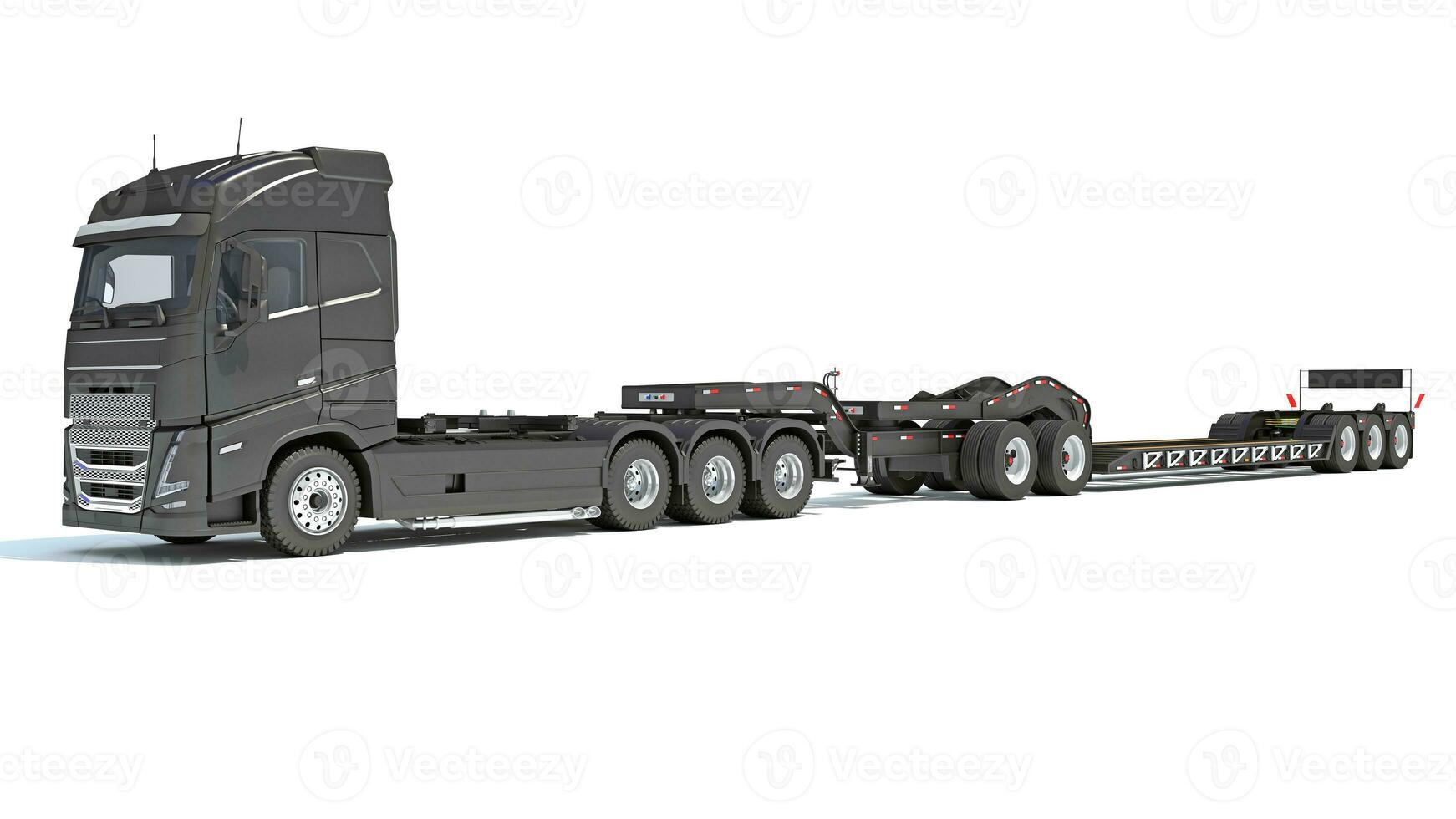 Semi Truck with Lowboy Platform Trailer 3D rendering on white background photo