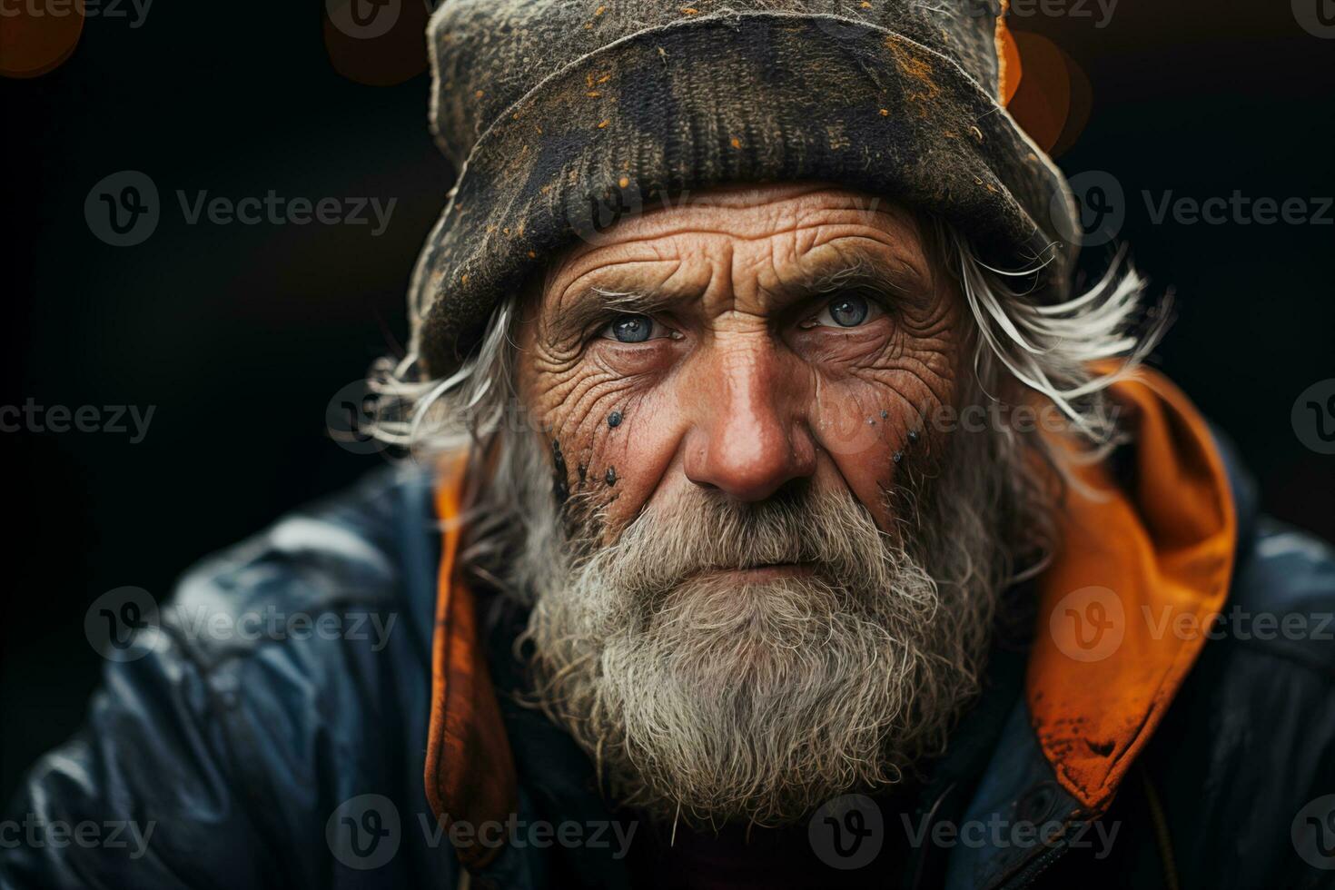 AI generated Alone in Hard Times Closeup of a Senior Beggar in the Cold photo