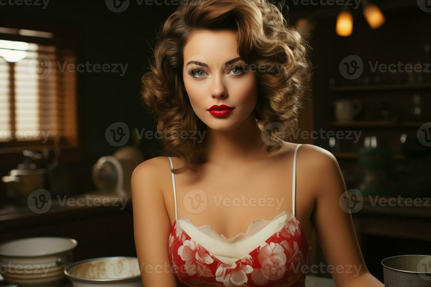 AI generated Portrait of young woman in vintage clothes in vintage kitchen photo