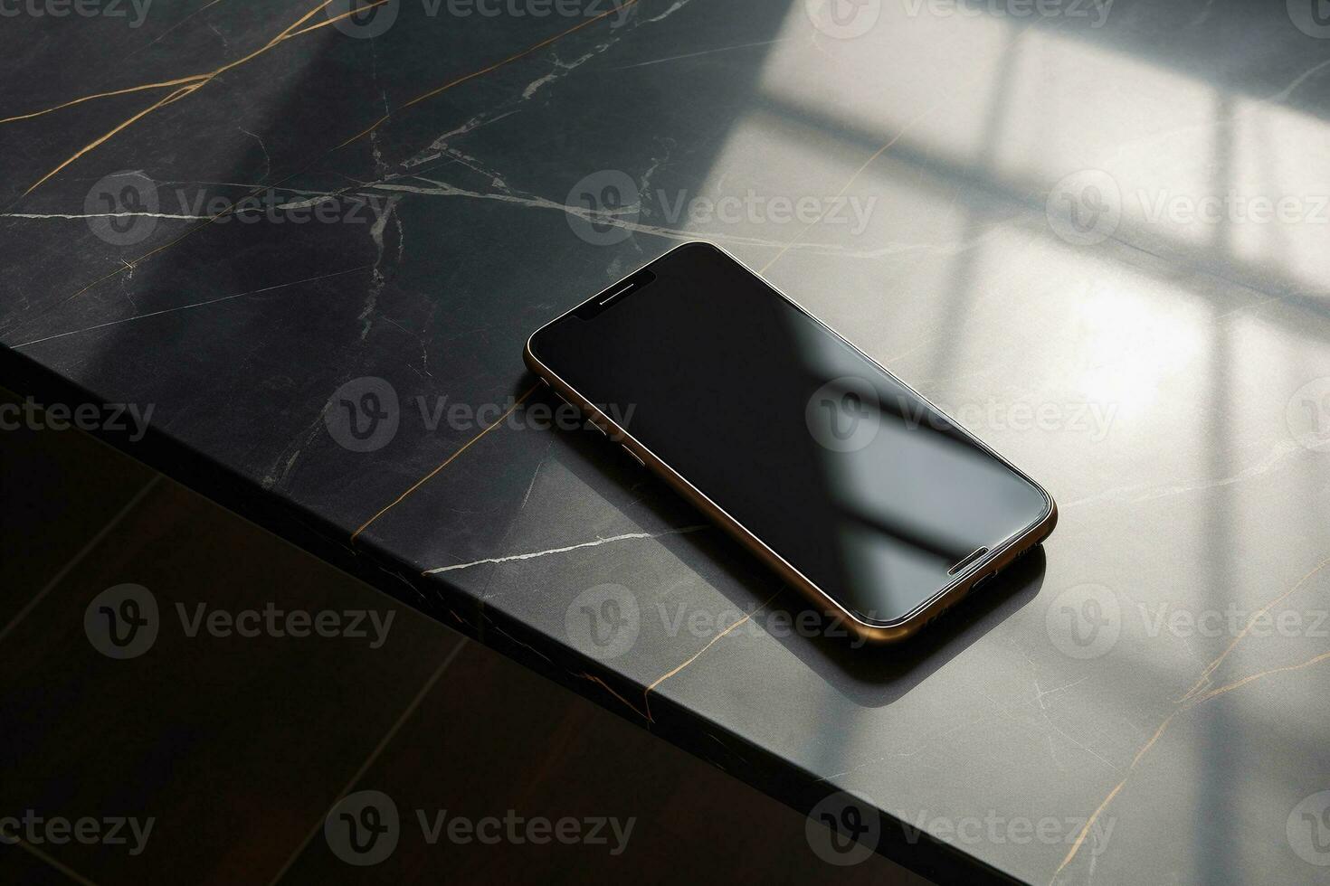 AI generated A mobile phone on a marble table. AI generated photo